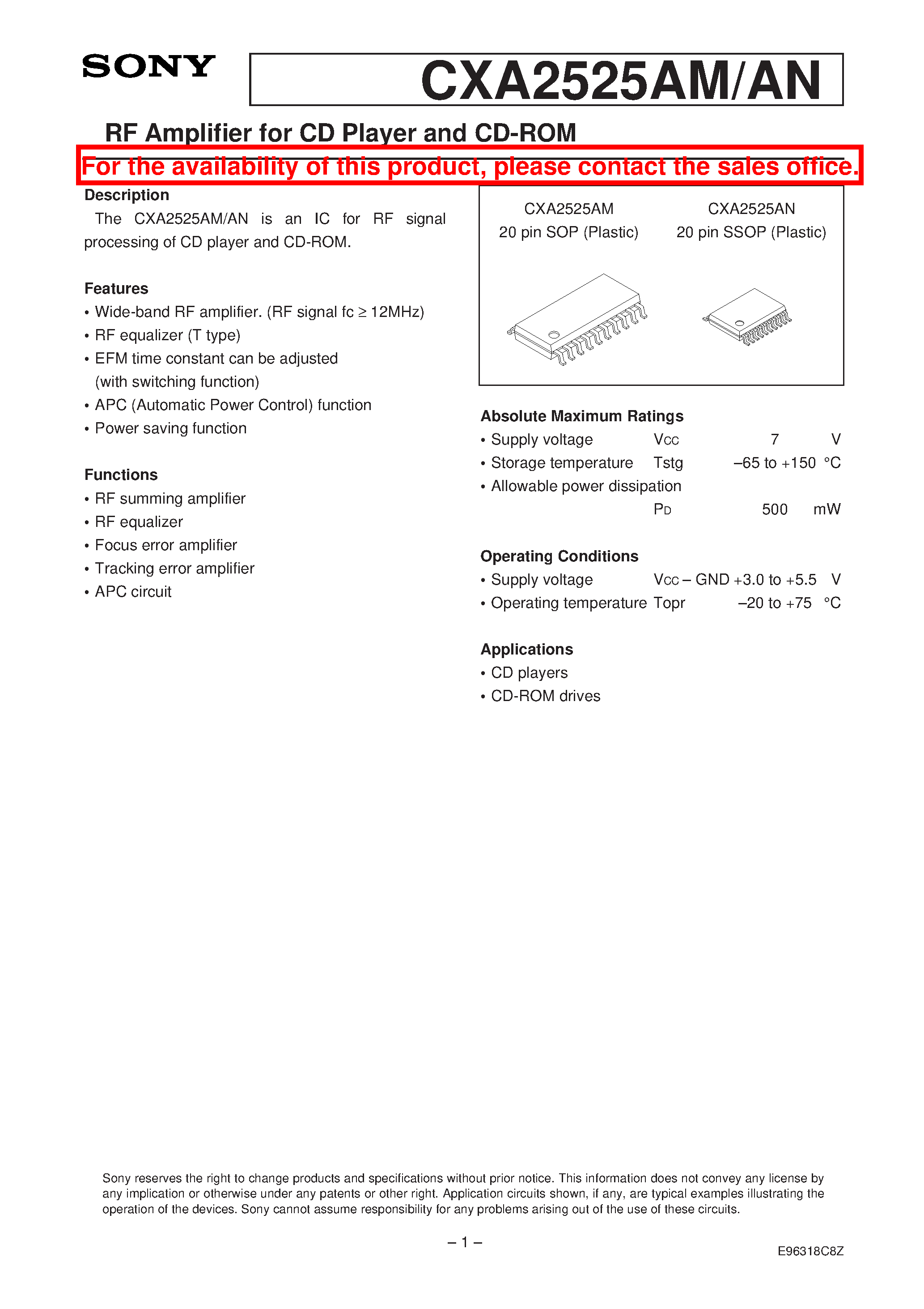 Datasheet CXA2525AM - RF Amplifier for CD Player and CD-ROM page 1