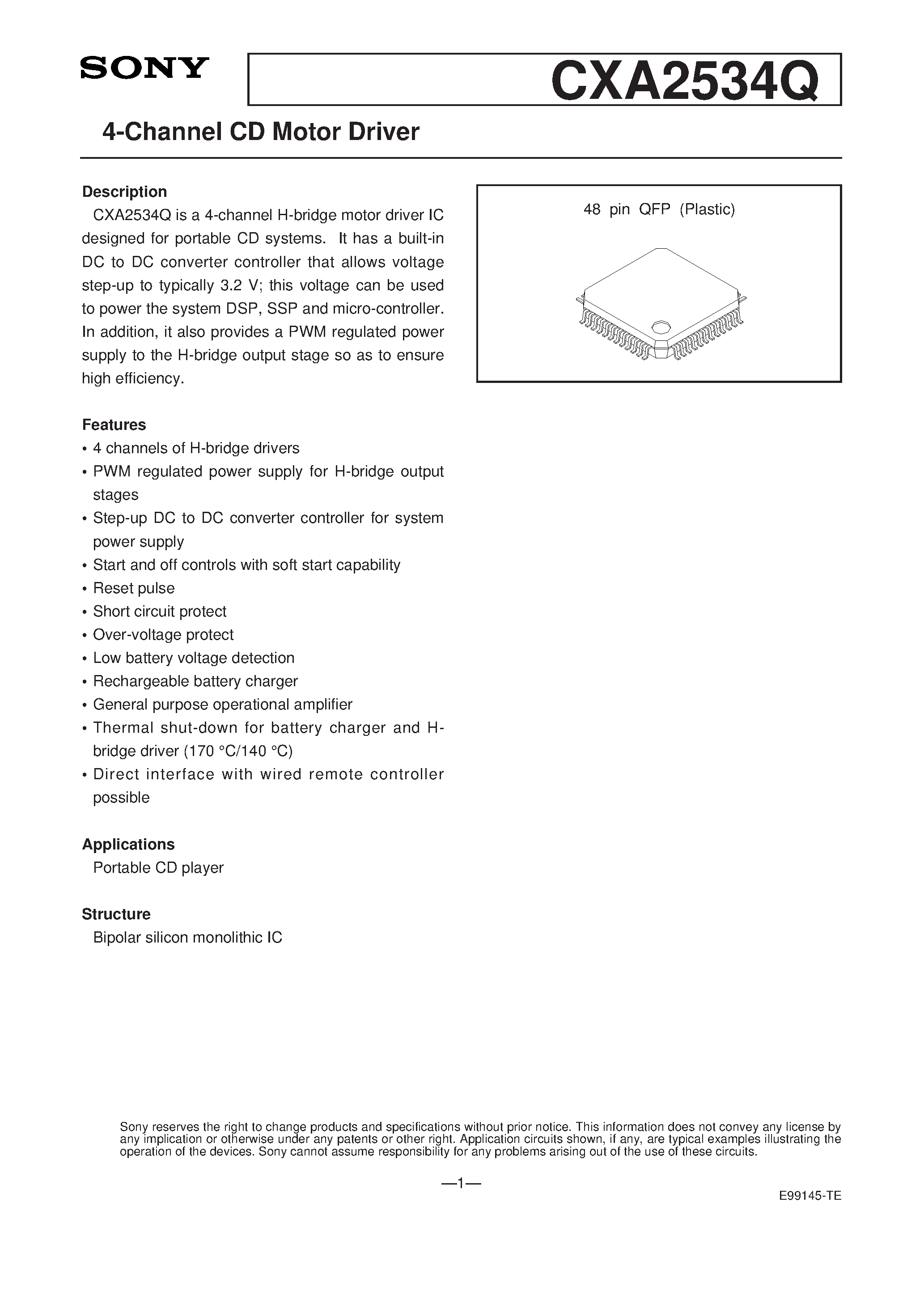 Datasheet CXA2534Q - 4-Channel CD Motor Driver page 1