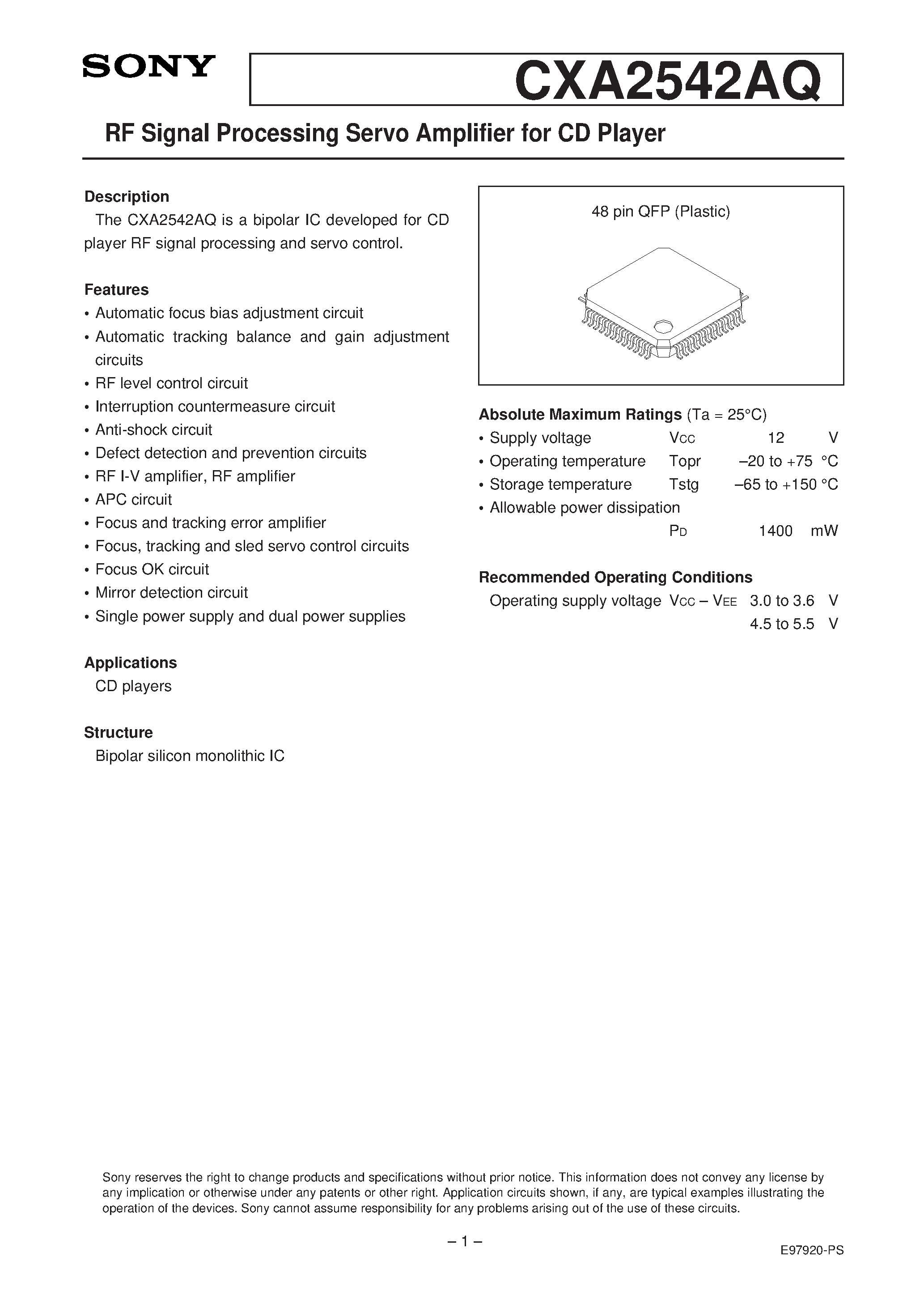 Datasheet CXA2542AQ - RF Signal Processing Servo Amplifier for CD Player page 1