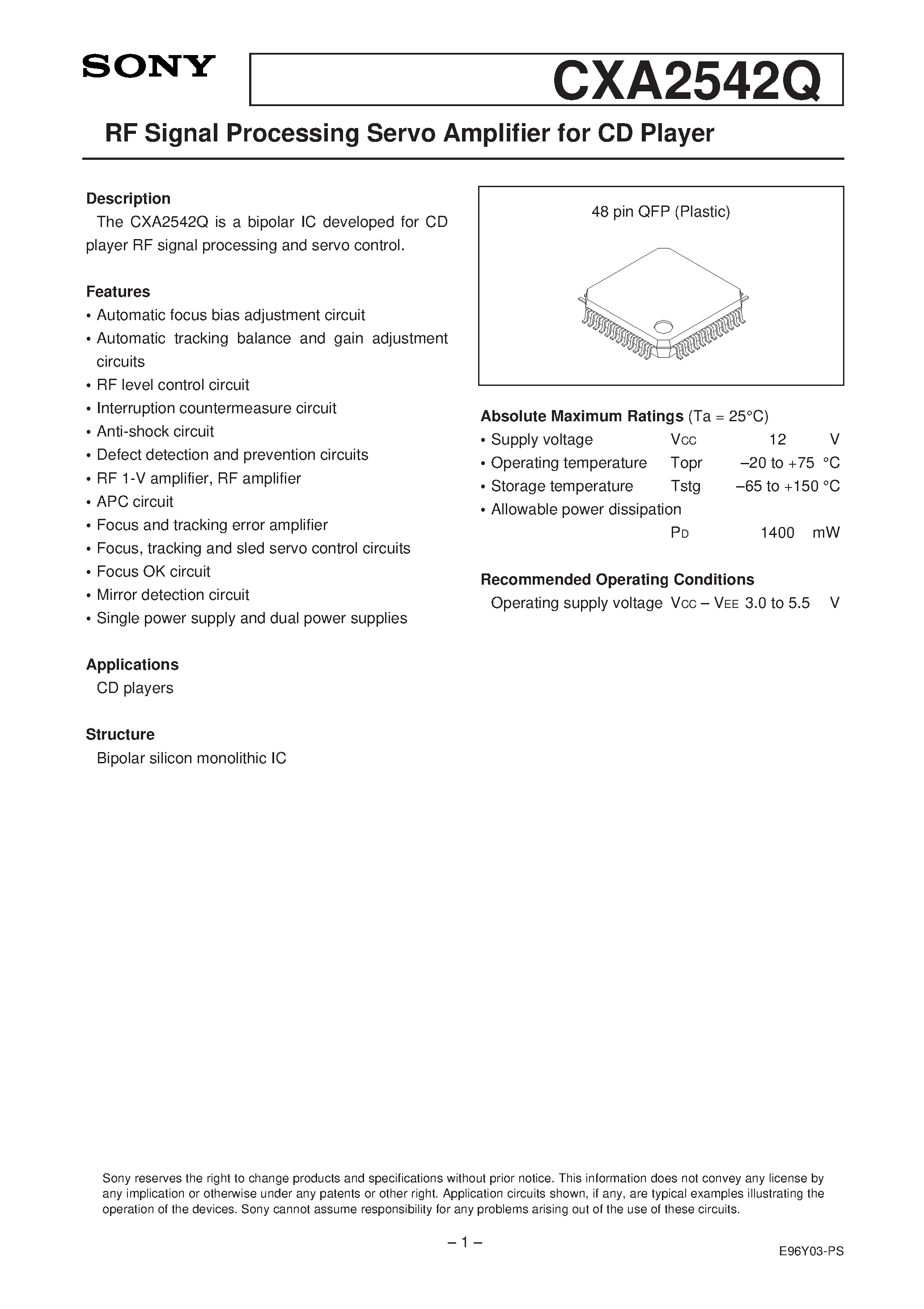 Datasheet CXA2542Q - RF Signal Processing Servo Amplifier for CD Player page 1