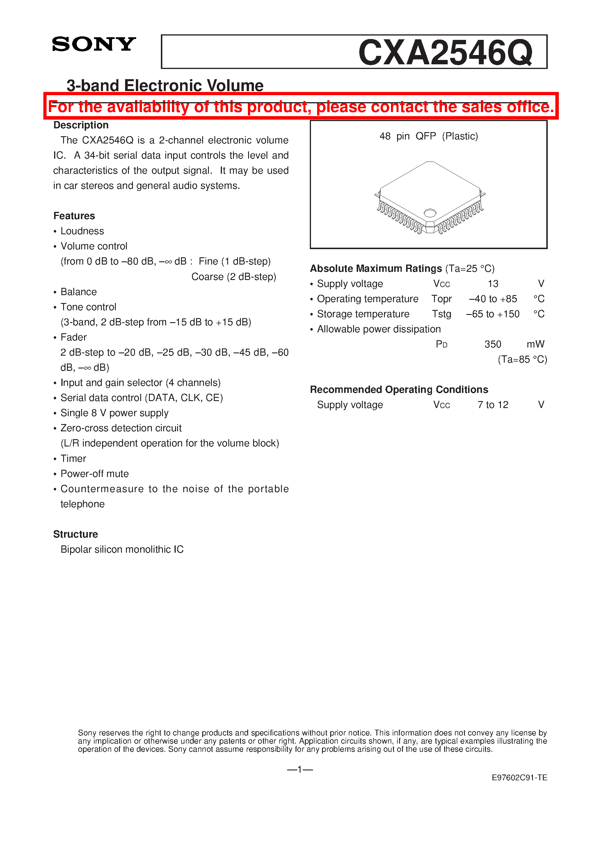 Datasheet CXA2546Q - 3-band Electronic Volume page 1