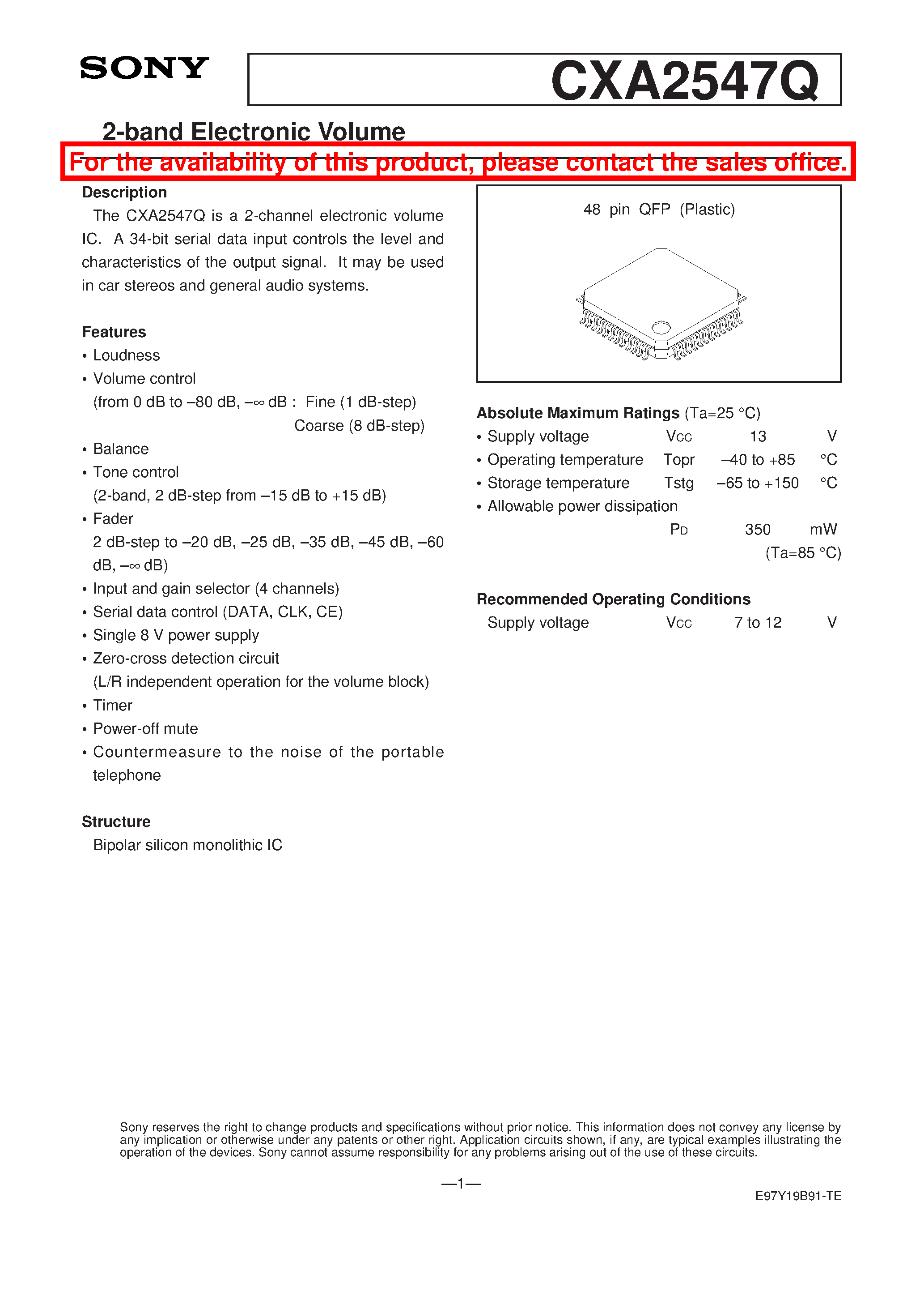 Datasheet CXA2547Q - 2-band Electronic Volume page 1