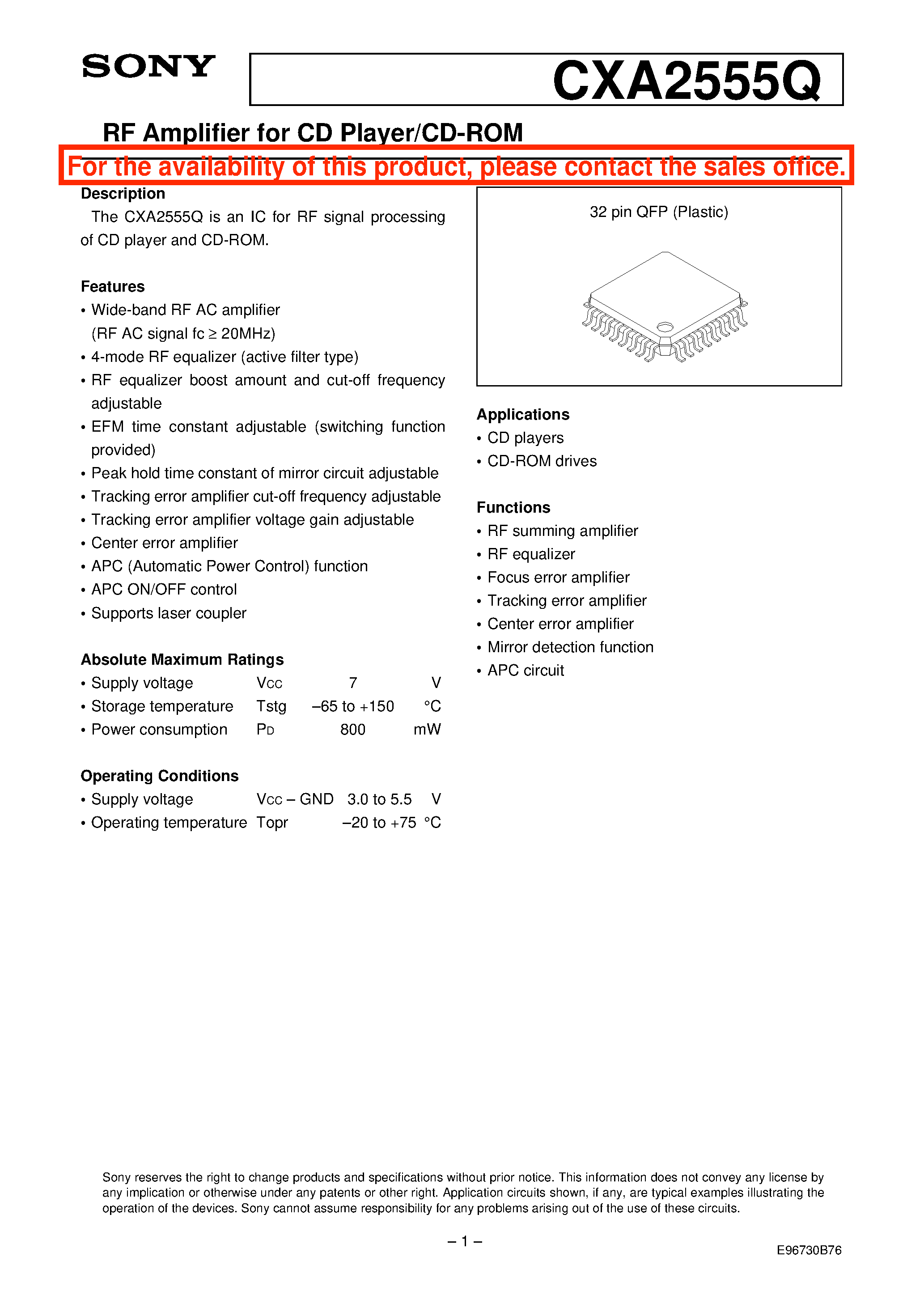 Datasheet CXA2555Q - RF Amplifier for CD Player/CD-ROM page 1