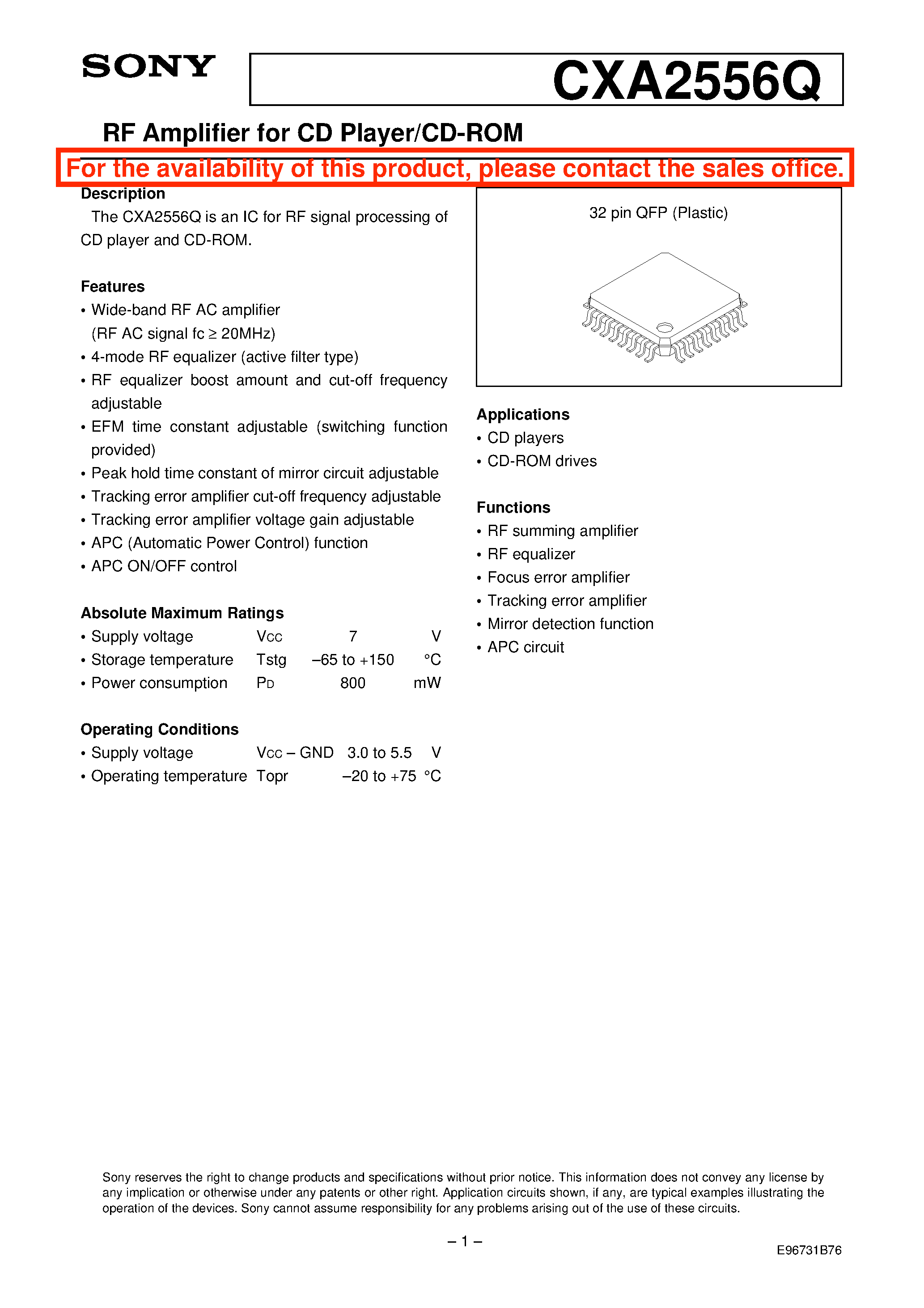 Datasheet CXA2556 - RF Amplifier for CD Player/CD-ROM page 1