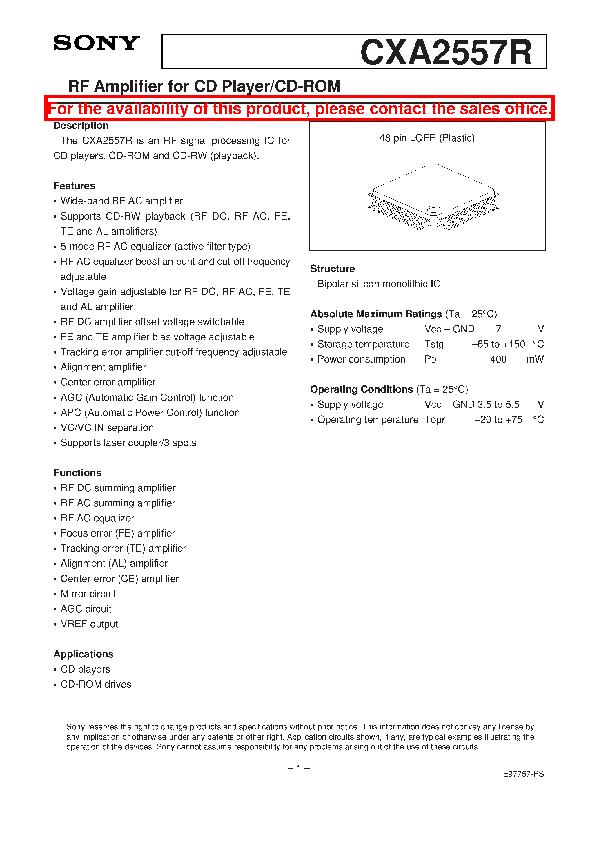 Datasheet CXA2557 - RF Amplifier for CD Player/CD-ROM page 1