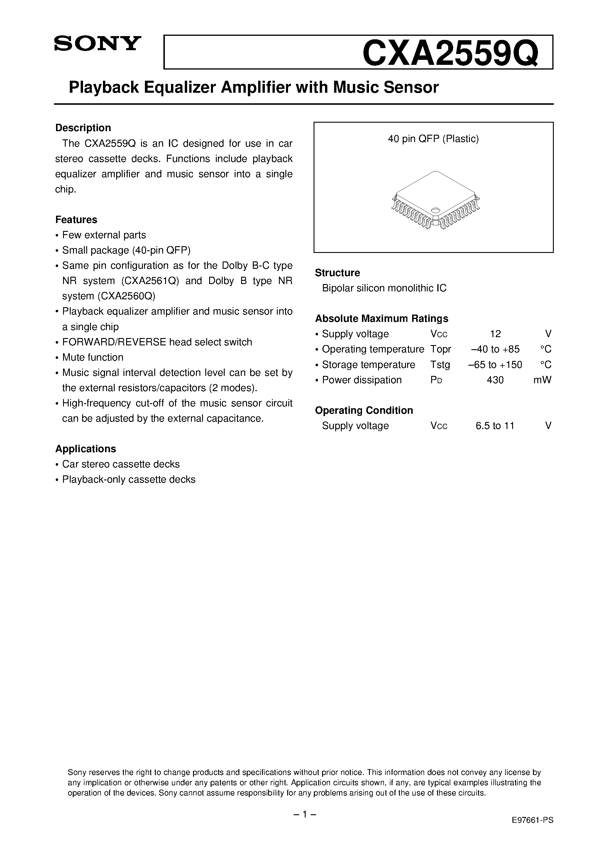 Datasheet CXA2559 - Playback Equalizer Amplifier with Music Sensor page 1