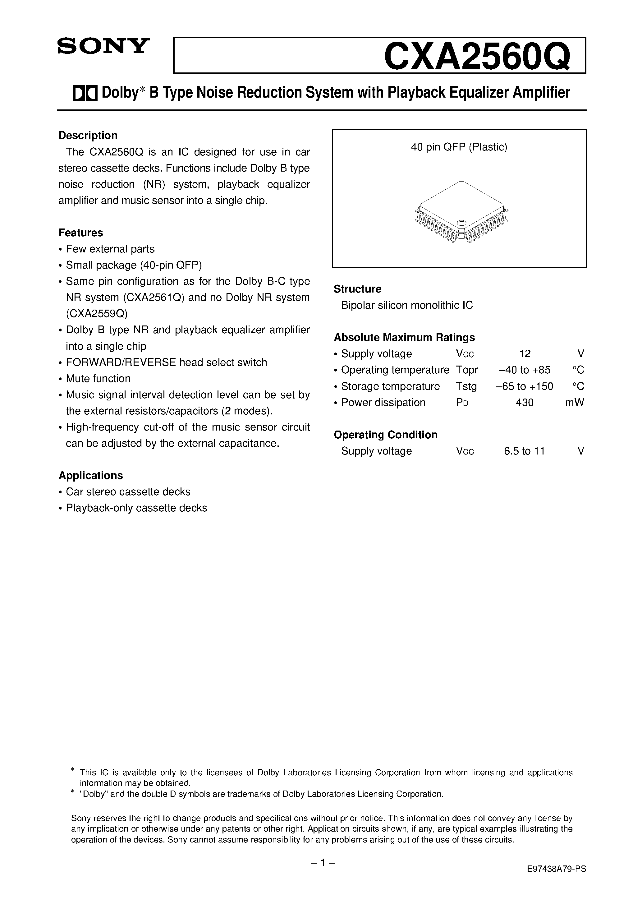 Datasheet CXA2560 - Dolby B Type Noise Reduction System with Playback Equalizer Amplifier page 1