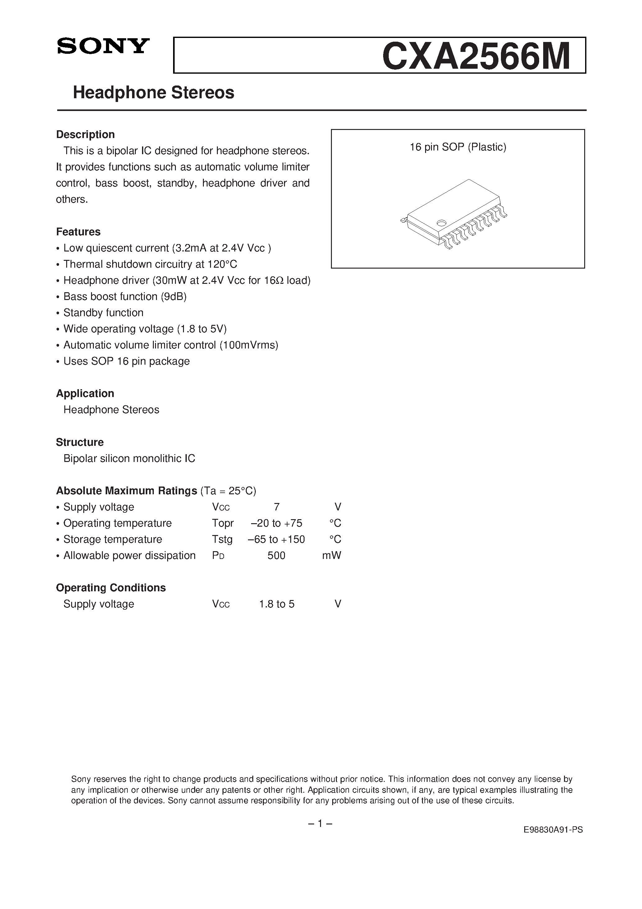 Datasheet CXA2566M - Headphone Stereos page 1