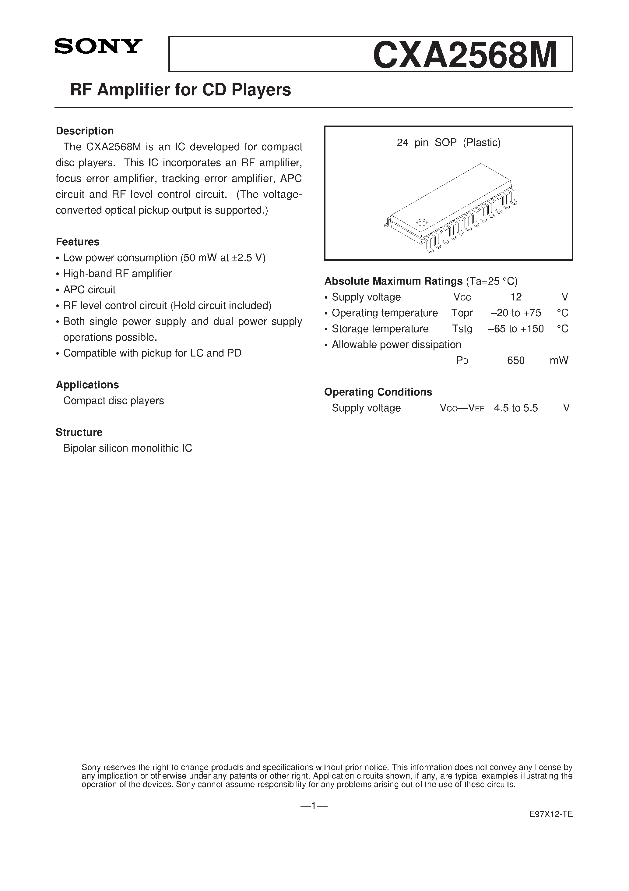 Datasheet CXA2568M - RF Amplifier for CD Players page 1