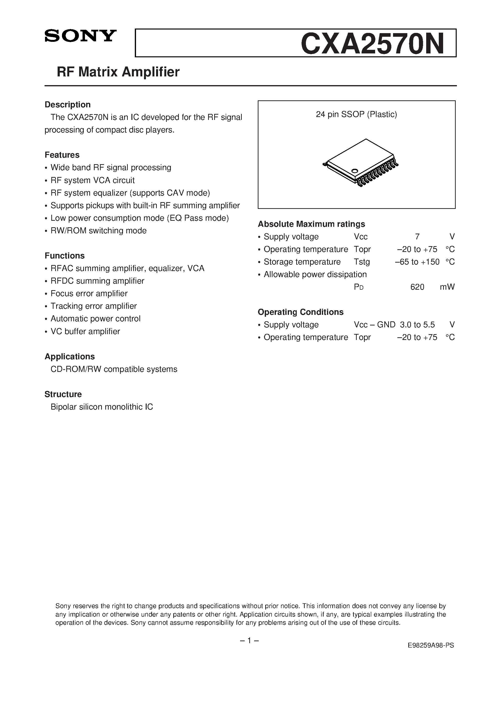 Datasheet CXA2570 - RF Matrix Amplifier page 1