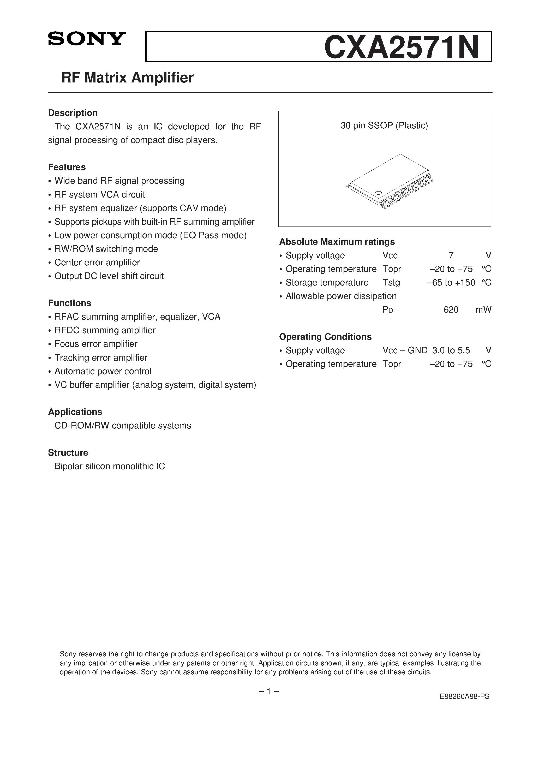 Datasheet CXA2571N - RF Matrix Amplifier page 1