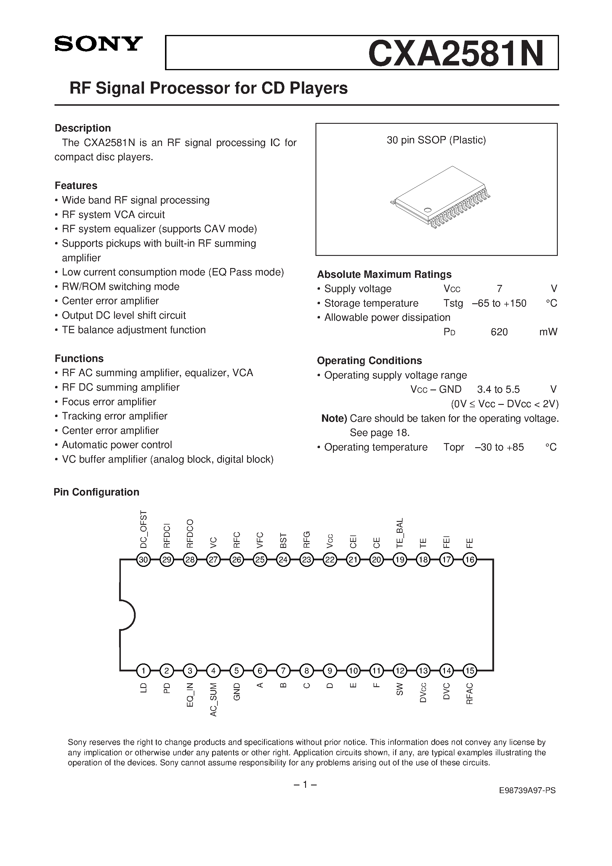 Datasheet CXA2581N - RF Signal Processor for CD Players page 1