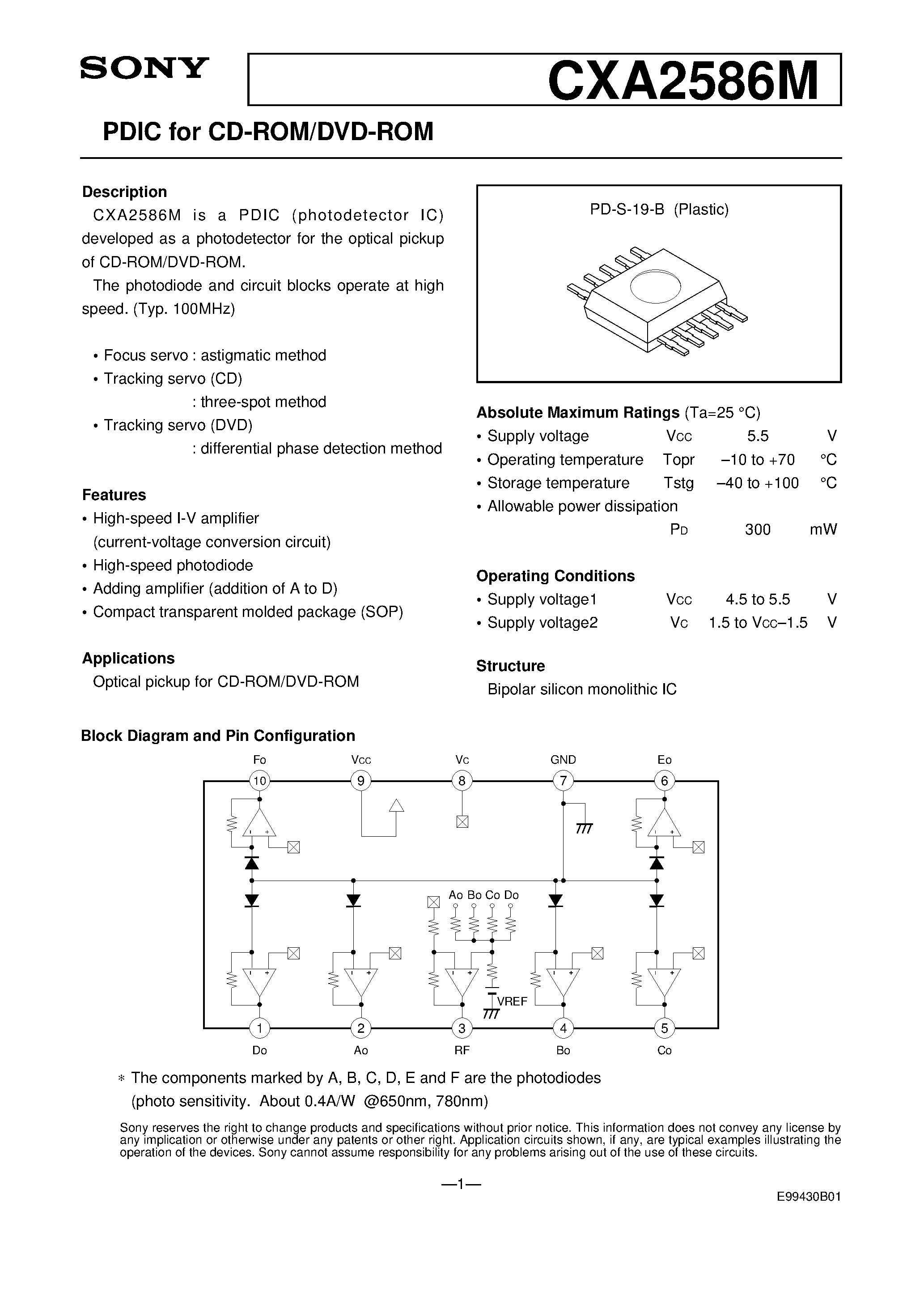 Datasheet CXA2586 - Ultrahigh-Speed (100 MHz) Photodetector IC page 1