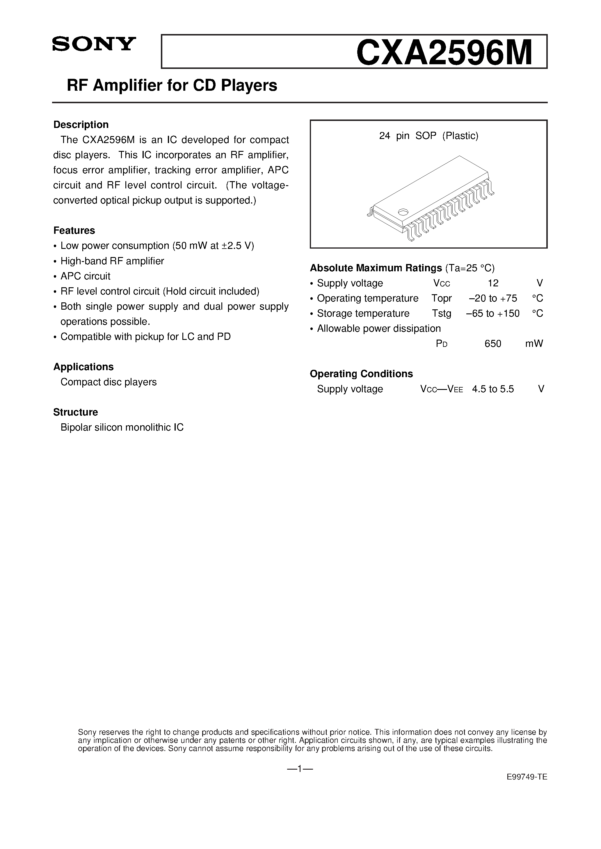 Datasheet CXA2596 - RF Amplifier for CD Players page 1