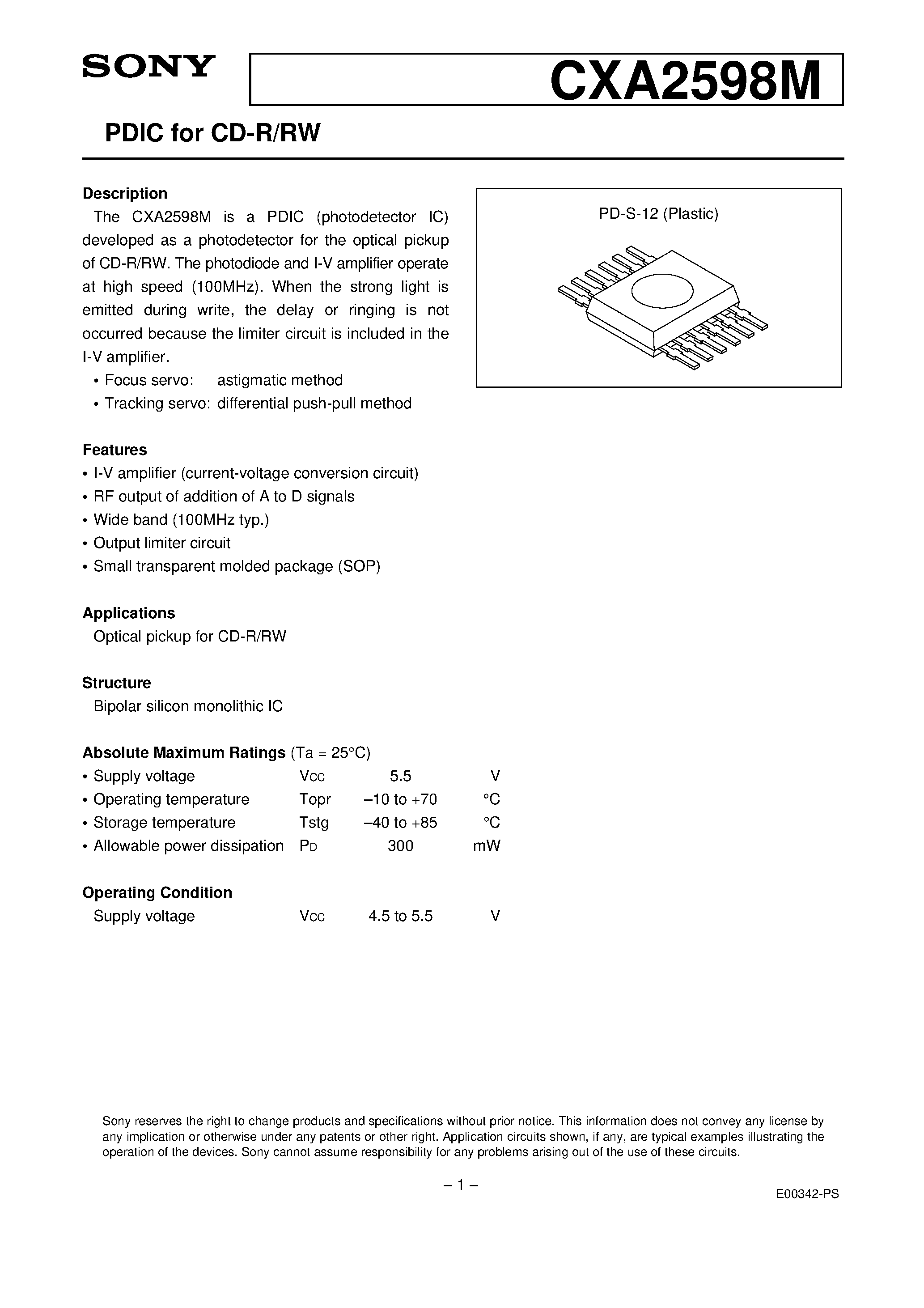 Даташит CXA2598M - PDIC for CD-R/RW страница 1