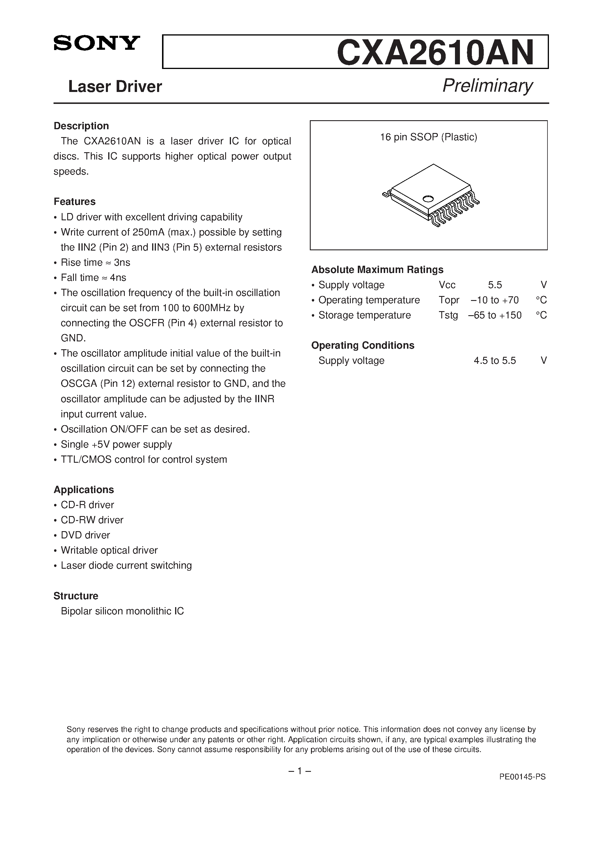 Datasheet CXA2610AN - Laser Driver page 1