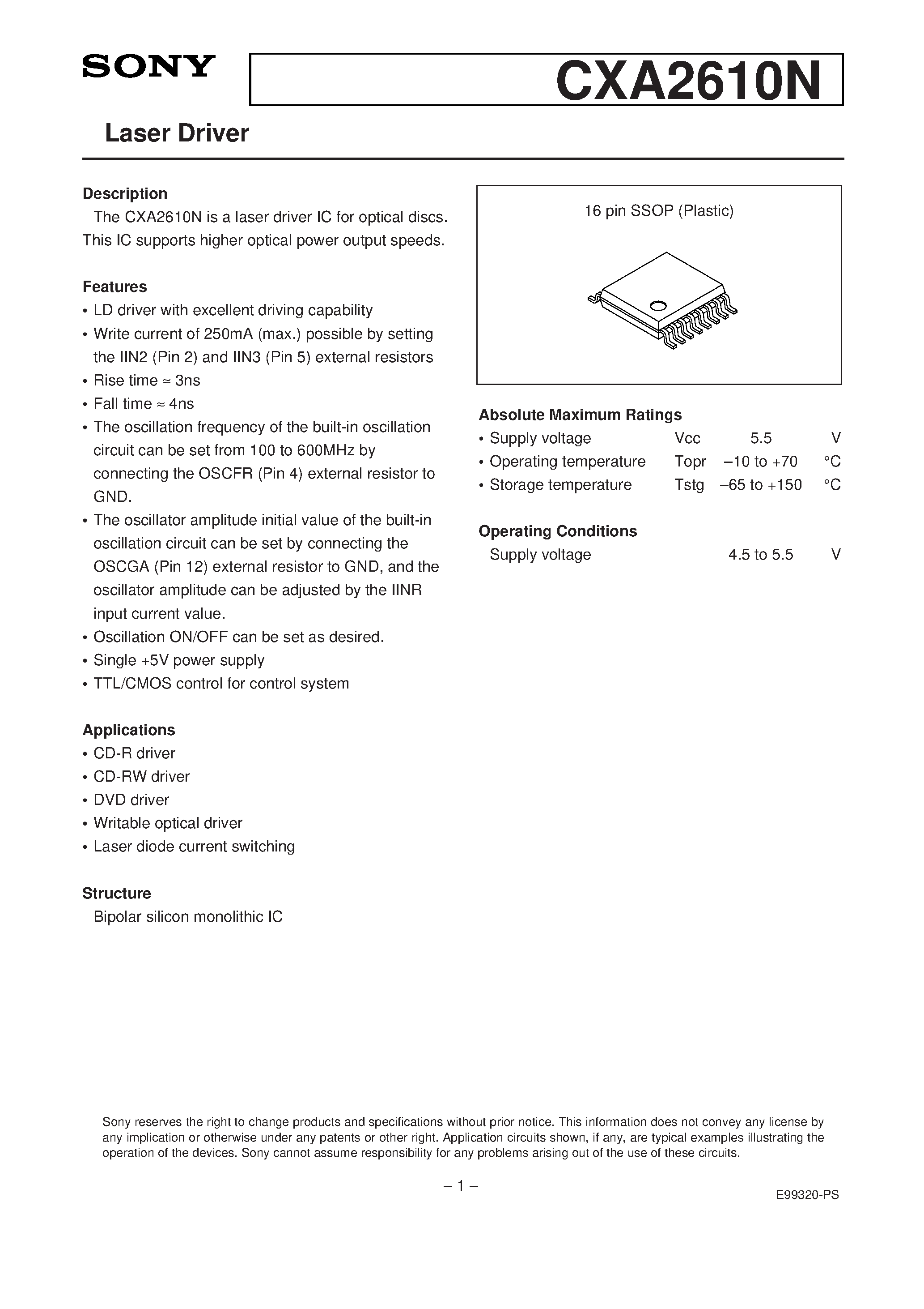 Datasheet CXA2610N - Laser Driver page 1