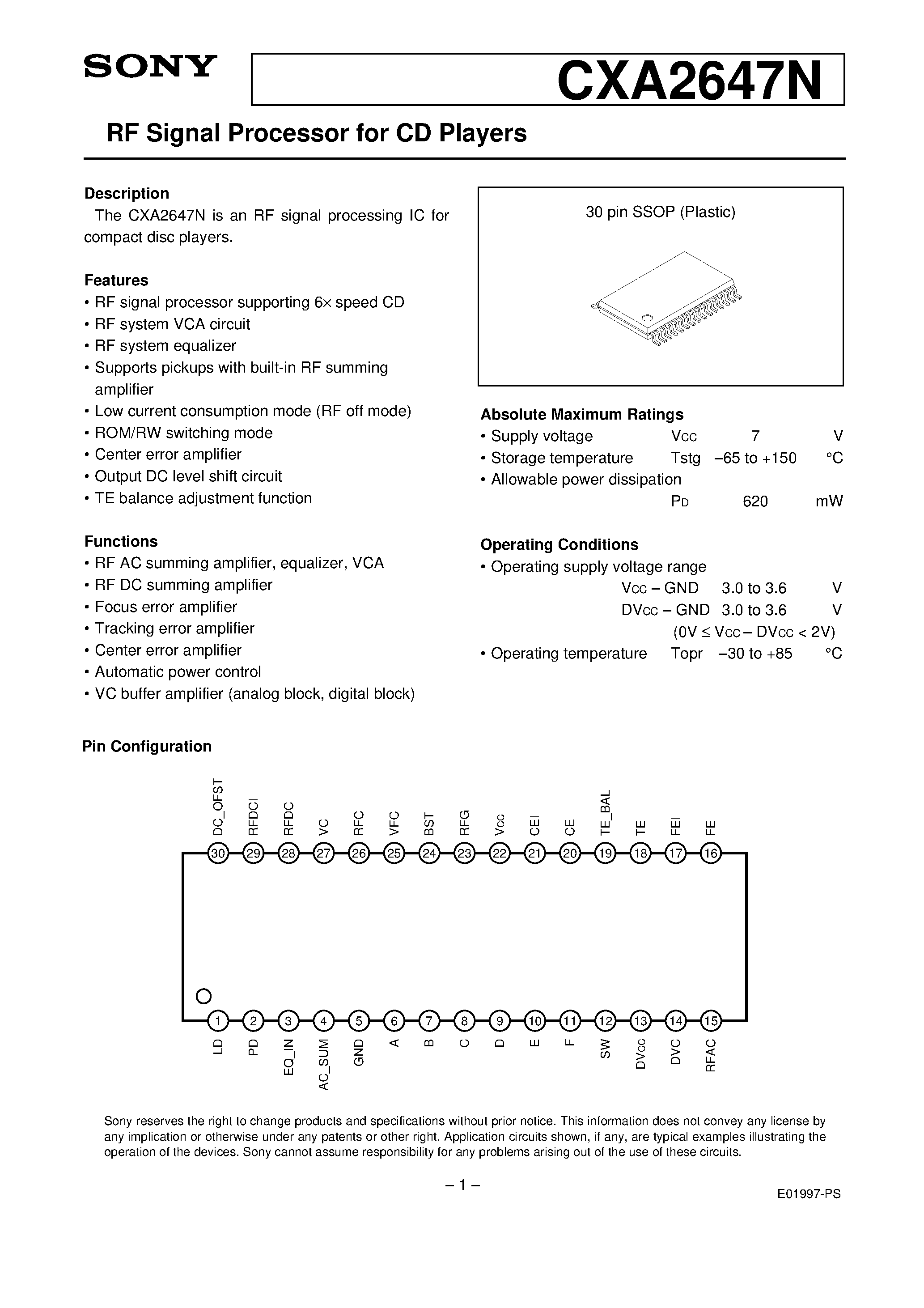 Datasheet CXA2647 - RF Signal Processor for CD Players page 1