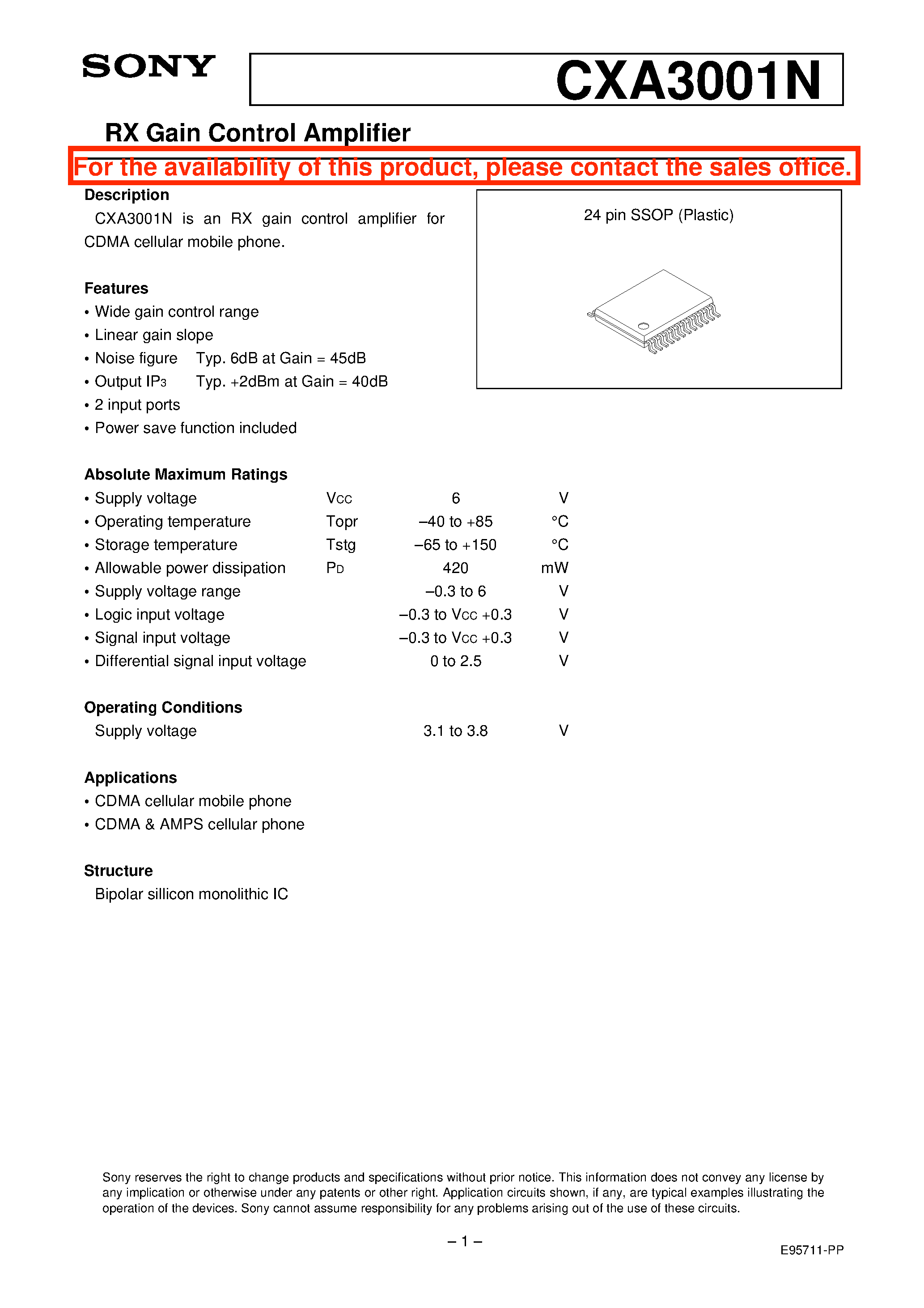 Datasheet CXA3001N - RX Gain Control Amplifier page 1