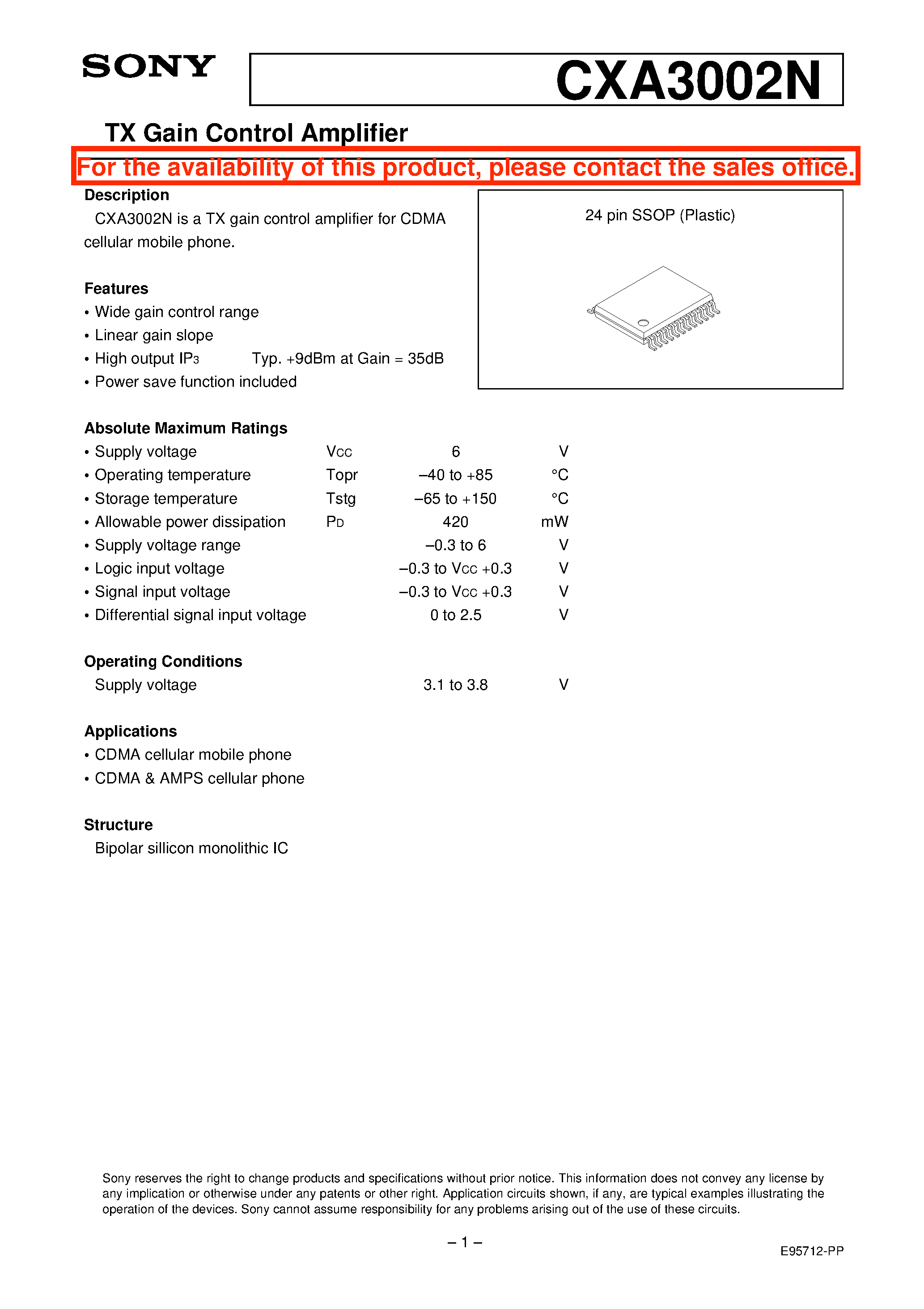 Datasheet CXA3002N - RX Gain Control Amplifier page 1