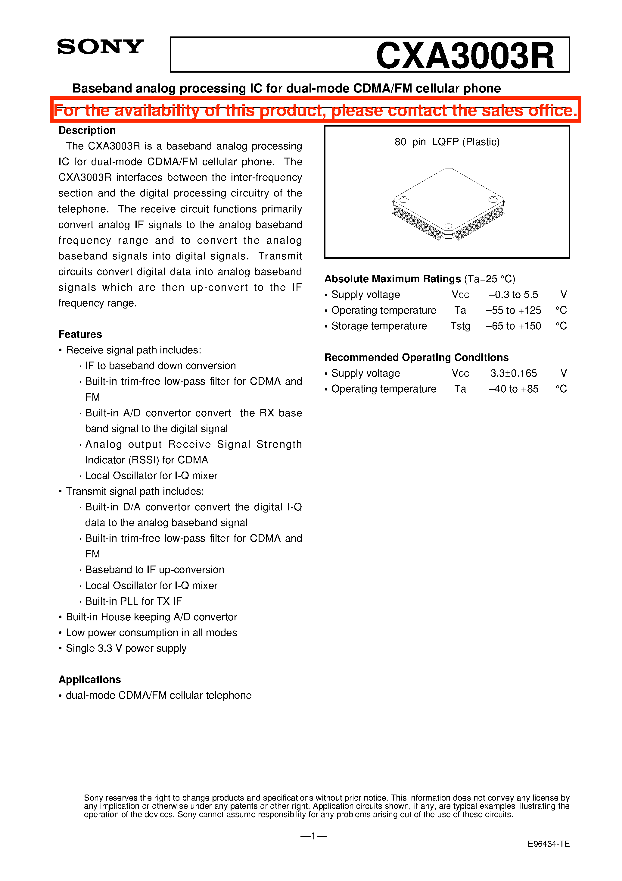 Datasheet CXA3003R - Baseband analog processing IC for dual-mode CDMA/FM cellular phone page 1