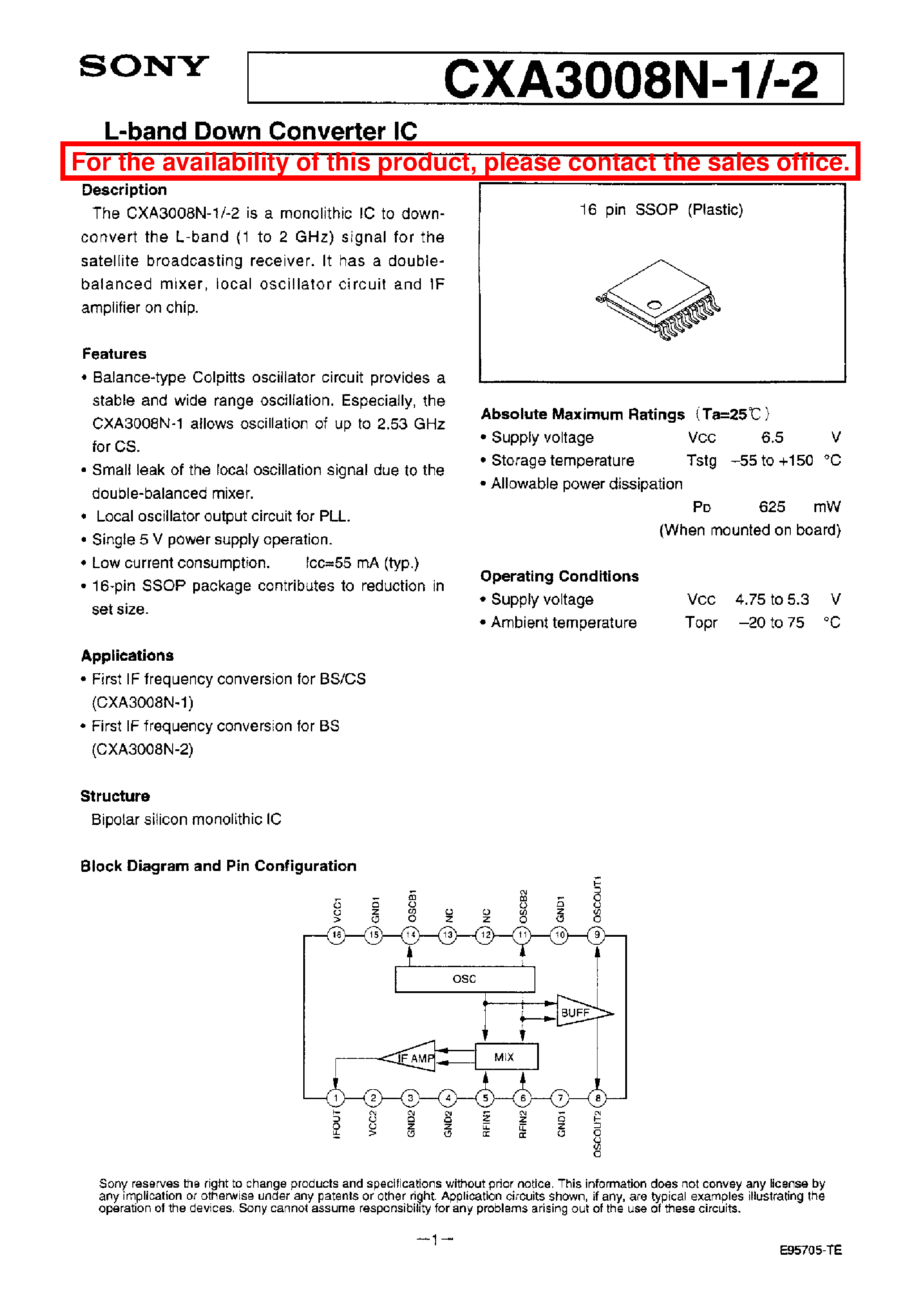 Datasheet CXA3008N-1 - L-BAND DOWN CONVERTER IC page 1