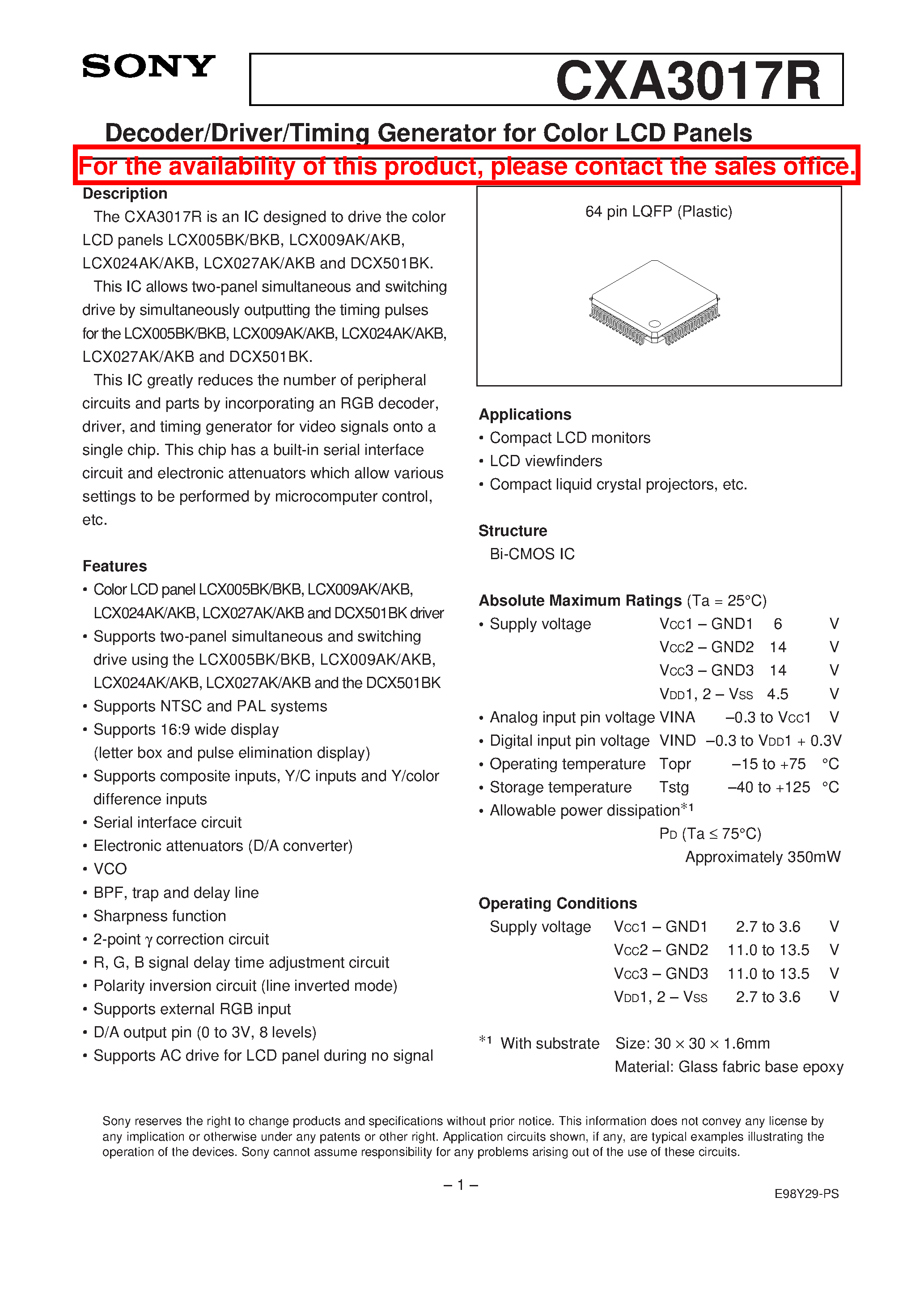 Datasheet CXA3017R - Decoder/Driver/Timing Generator for Color LCD Panels page 1