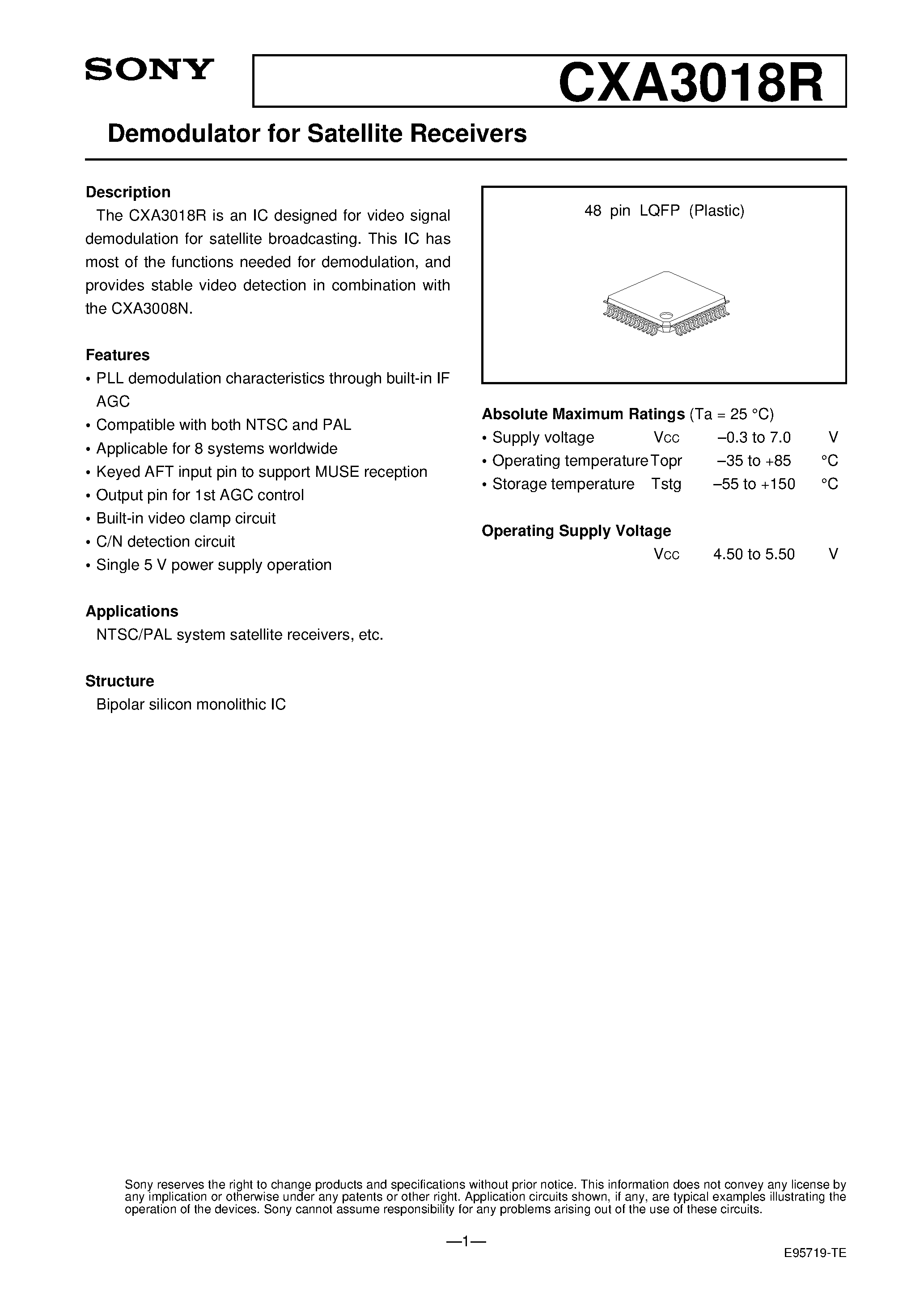 Datasheet CXA3018R - Demodulator for Satellite Receivers page 1