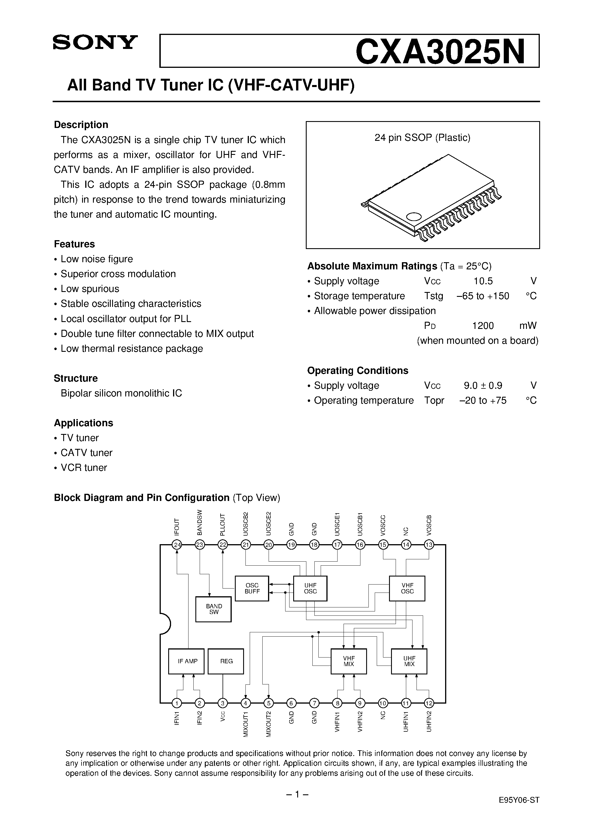 Datasheet CXA3025N - All Band TV Tuner IC (VHF-CATV-UHF) page 1