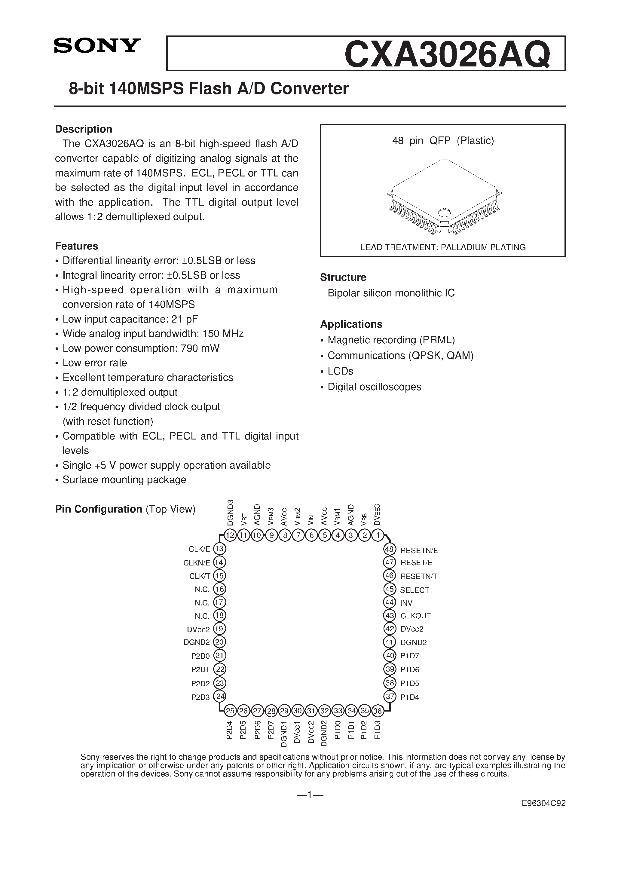 Datasheet CXA3026 - 8-bit 120MSPS Flash A/D Converter page 1