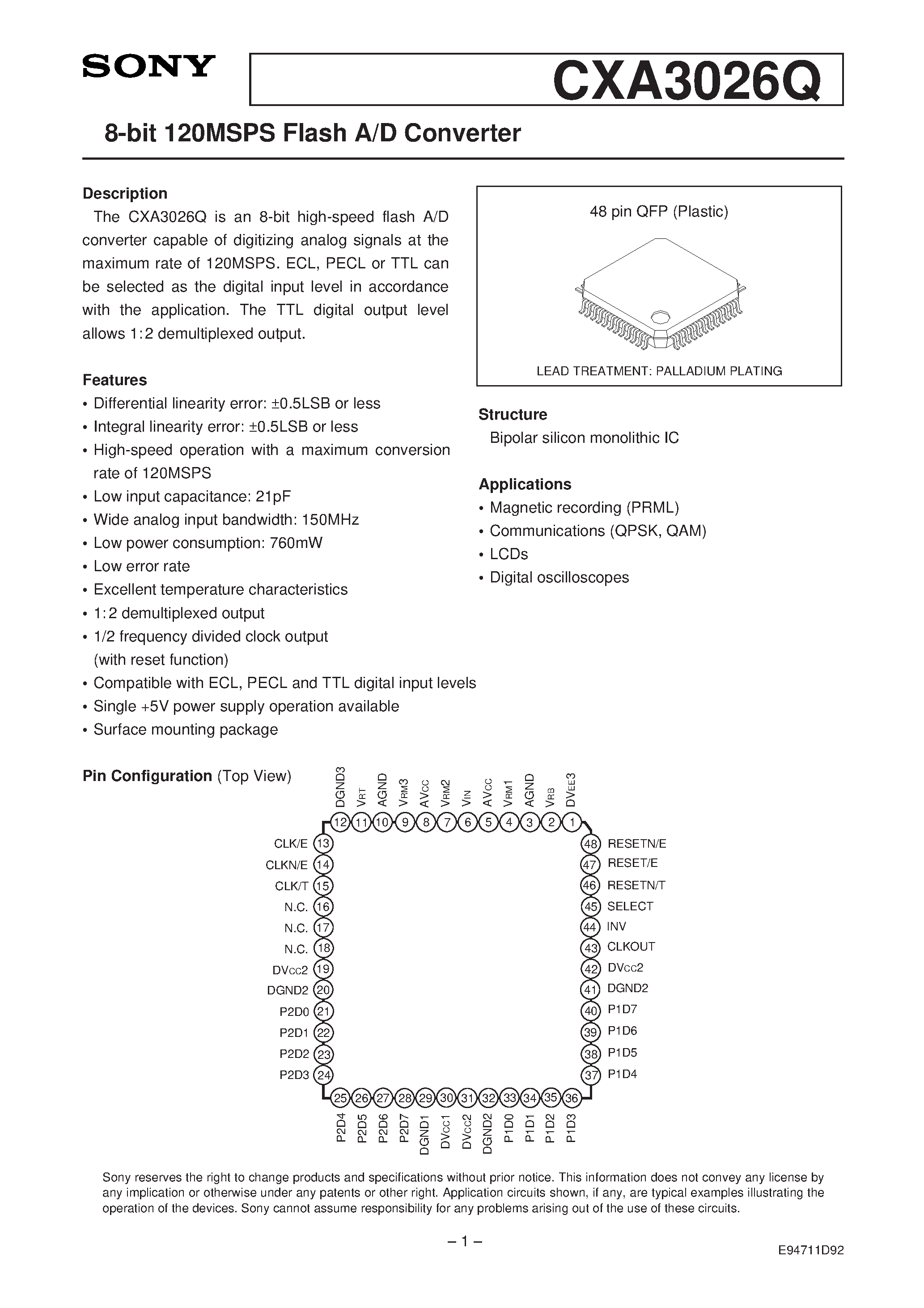 Datasheet CXA3026Q - 8-bit 120MSPS Flash A/D Converter page 1