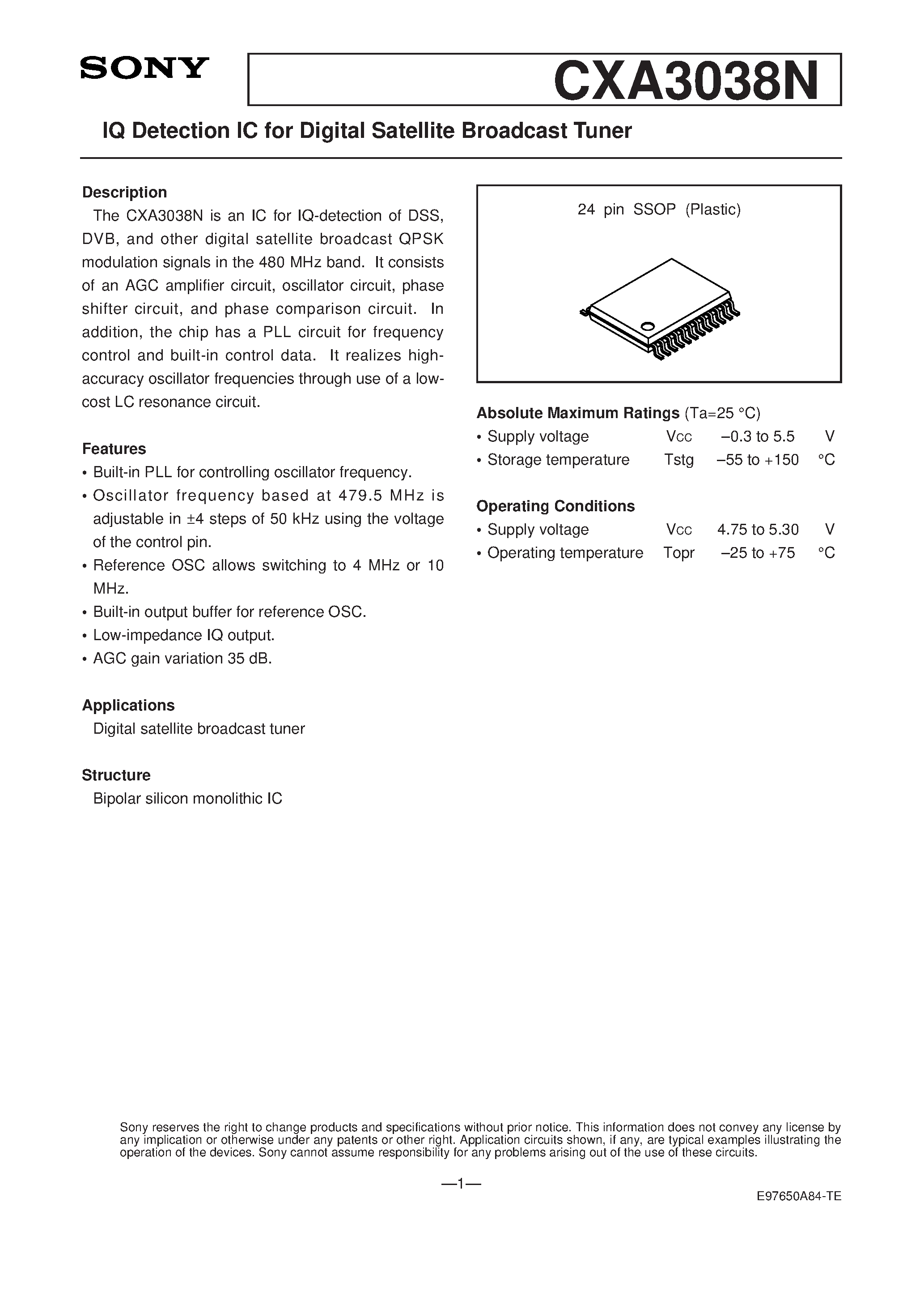 Datasheet CXA3038N - IQ Detection IC for Digital Satellite Broadcast Tuner page 1