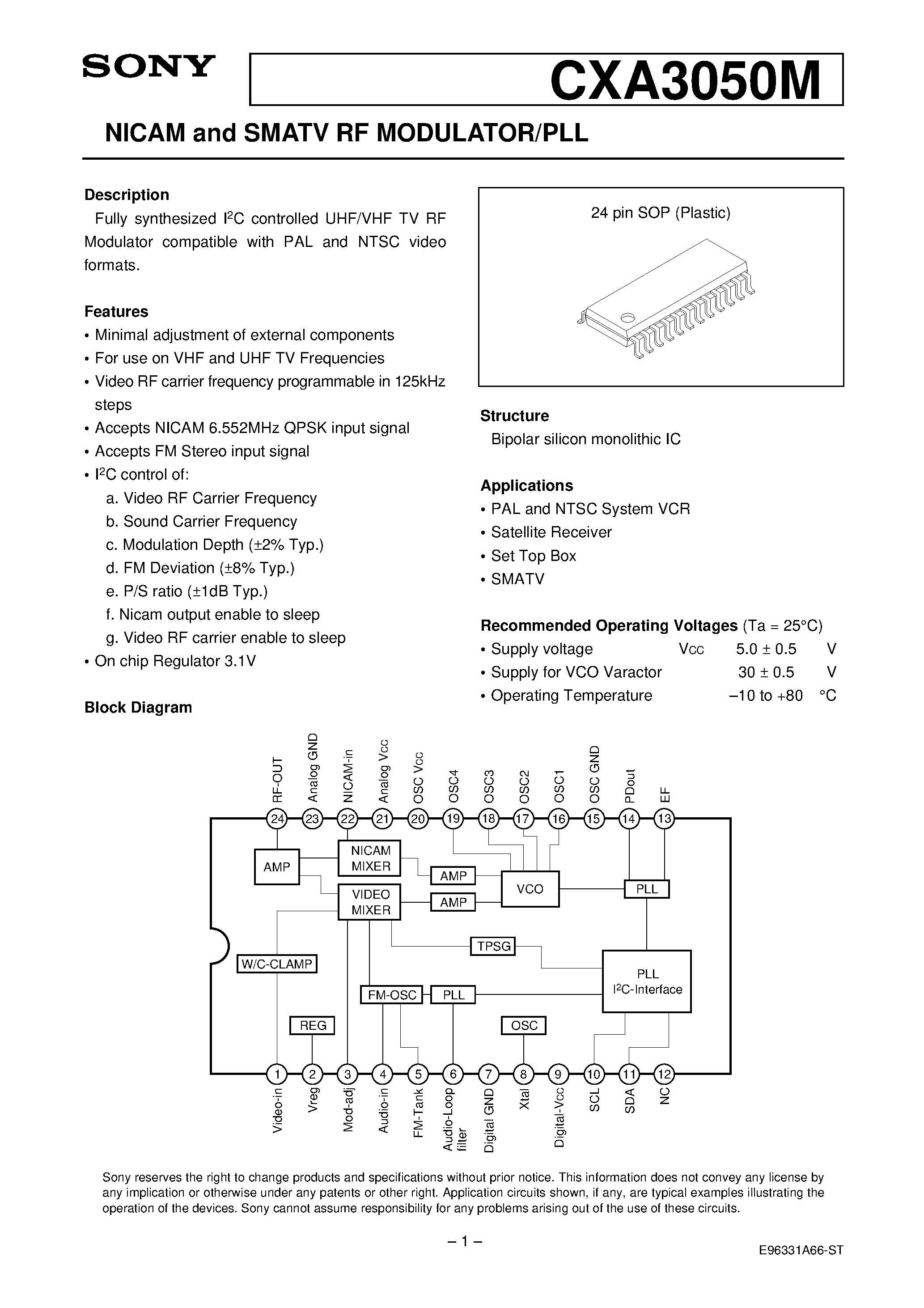 Datasheet CXA3050 - NICAM and SMATV RF MODULATOR/PLL page 1