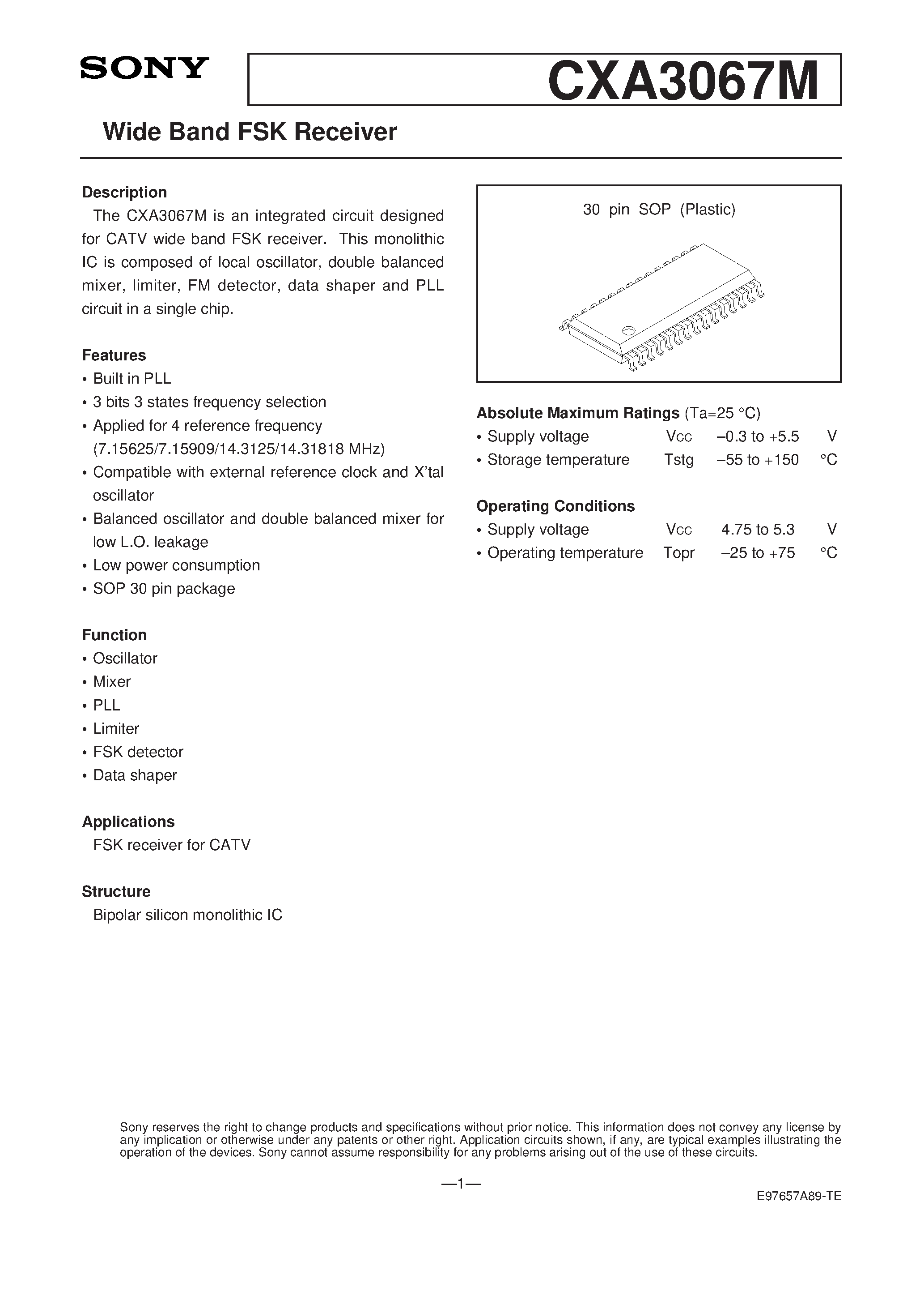 Datasheet CXA3067 - Wide Band FSK Receiver page 1