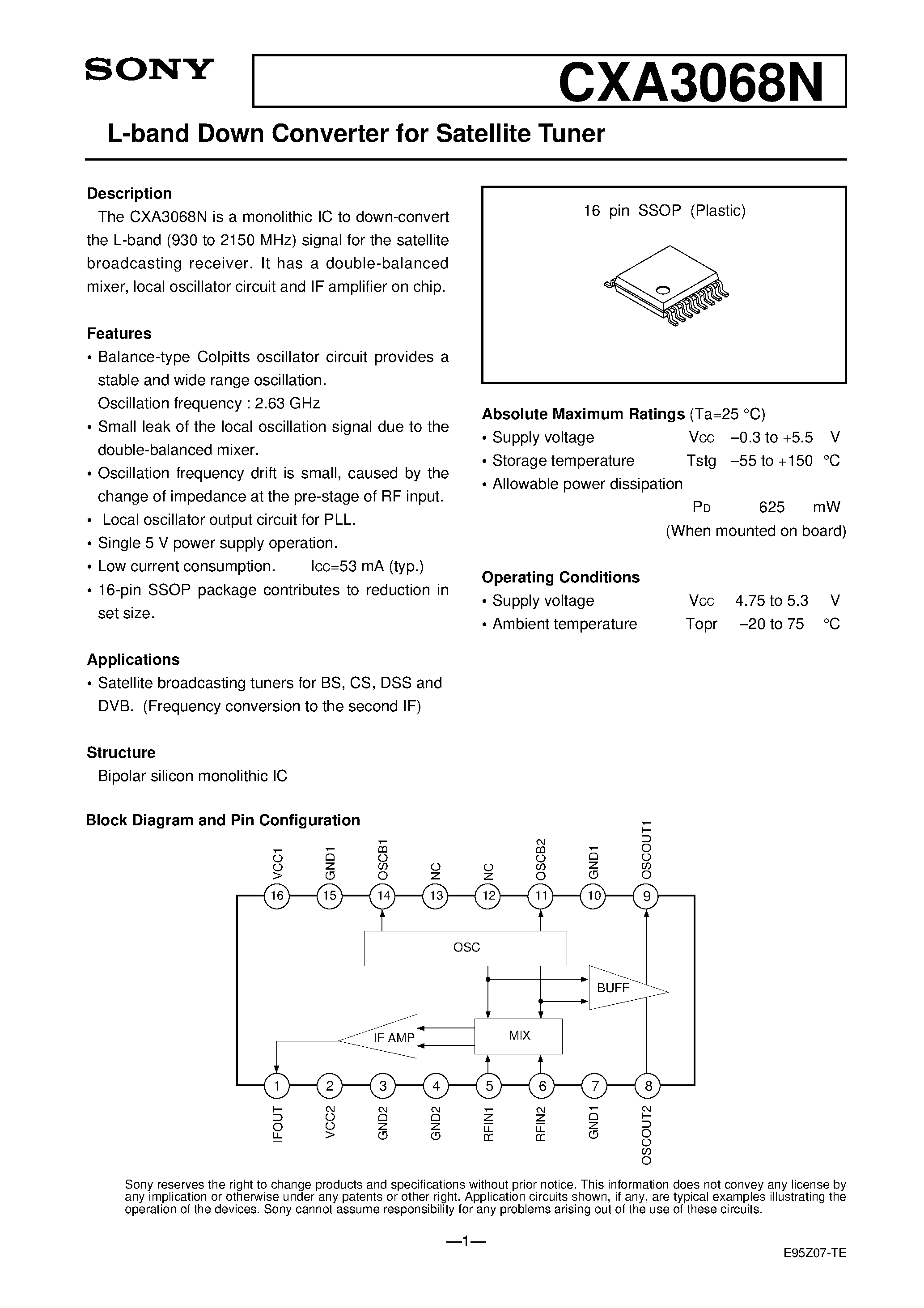 Datasheet CXA3068 - L-band Down Converter for Satellite Tuner page 1