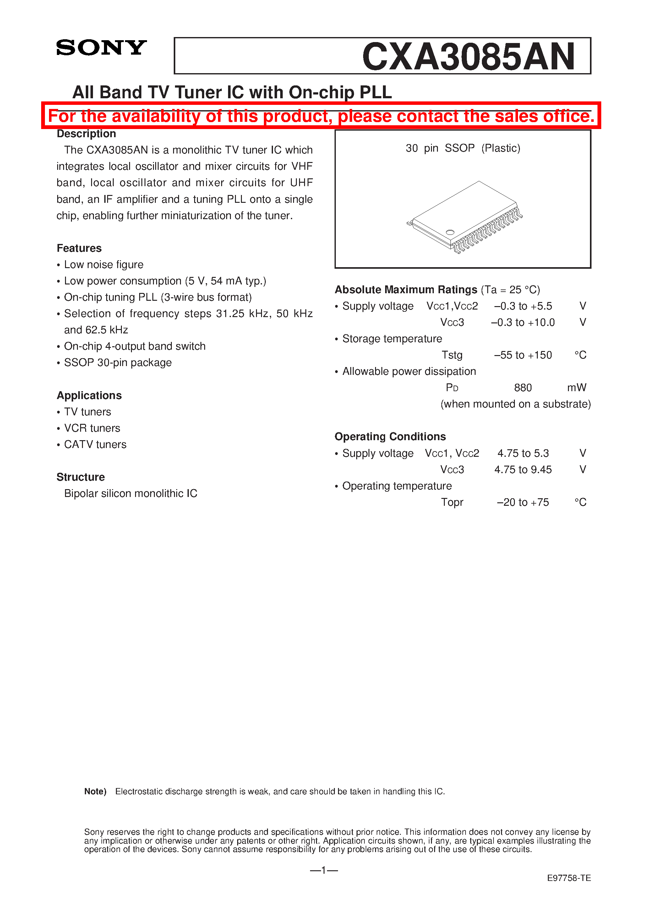 Datasheet CXA3085AN - All Band TV Tuner IC with On-chip PLL page 1