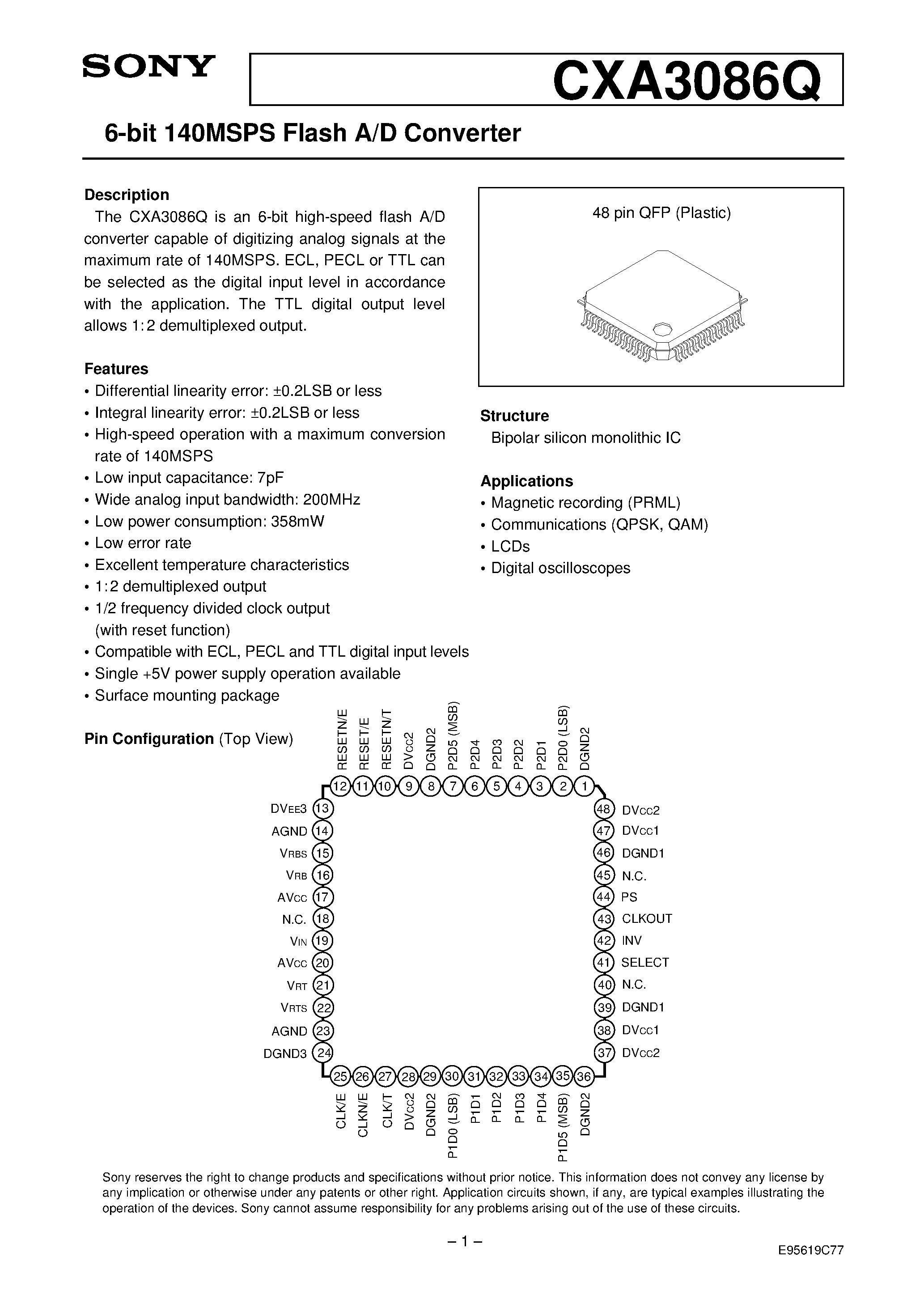 Datasheet CXA3086 - 6-bit 140MSPS Flash A/D Converter page 1