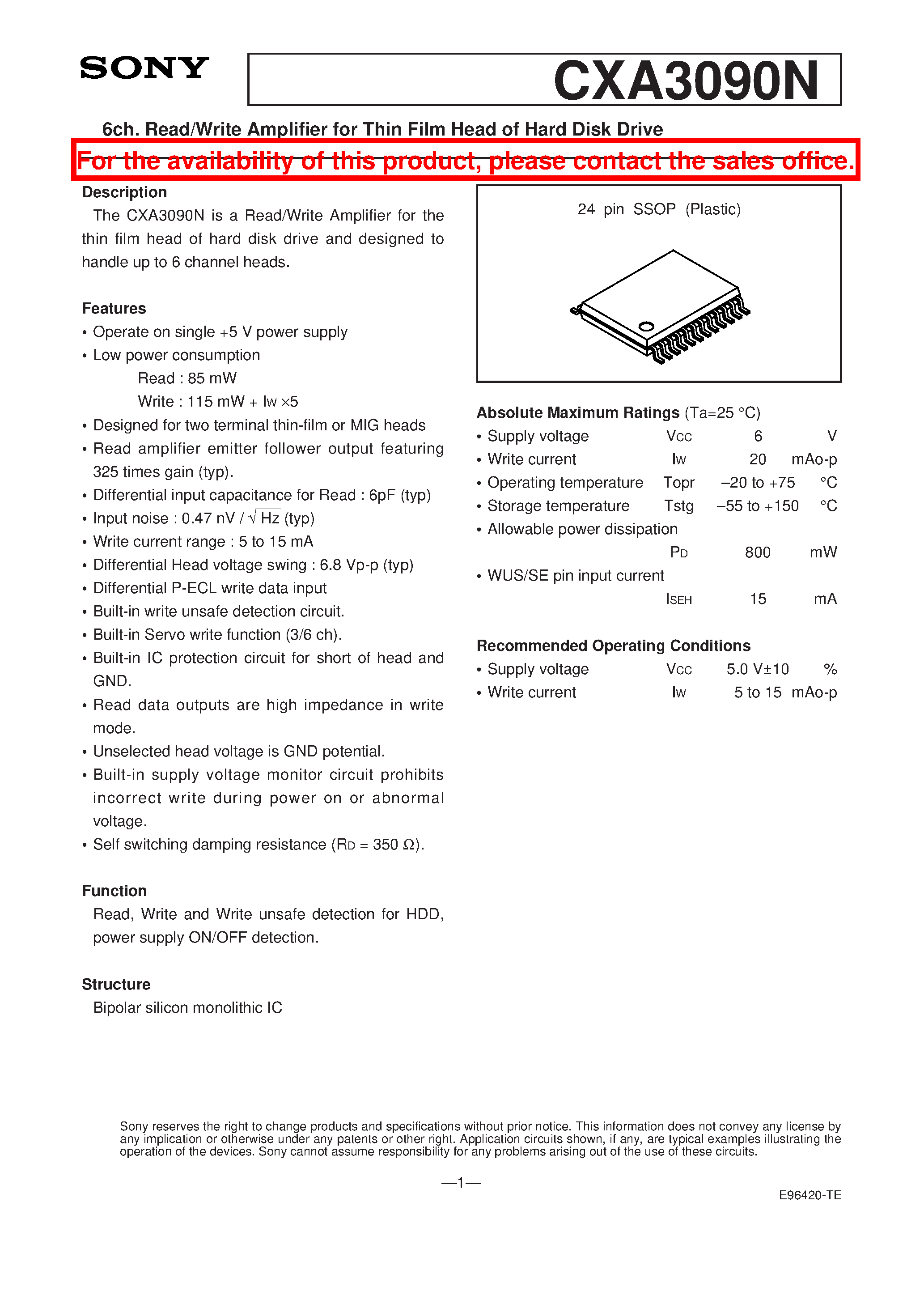 Datasheet CXA3090N - 6ch. Read/Write Amplifier for Thin Film Head of Hard Disk Drive page 1