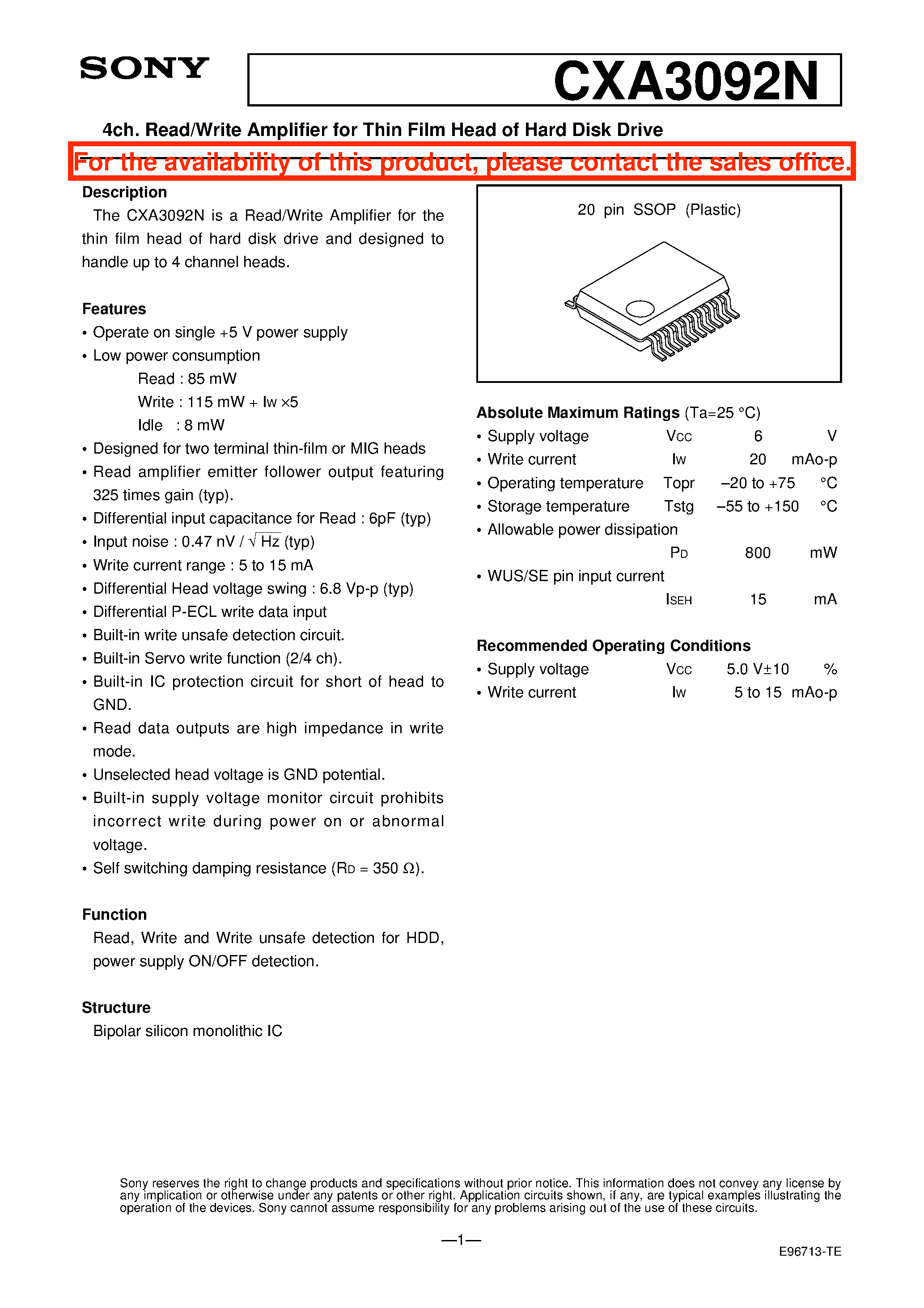 Datasheet CXA3092N - 4ch. Read/Write Amplifier for Thin Film Head of Hard Disk Drive page 1