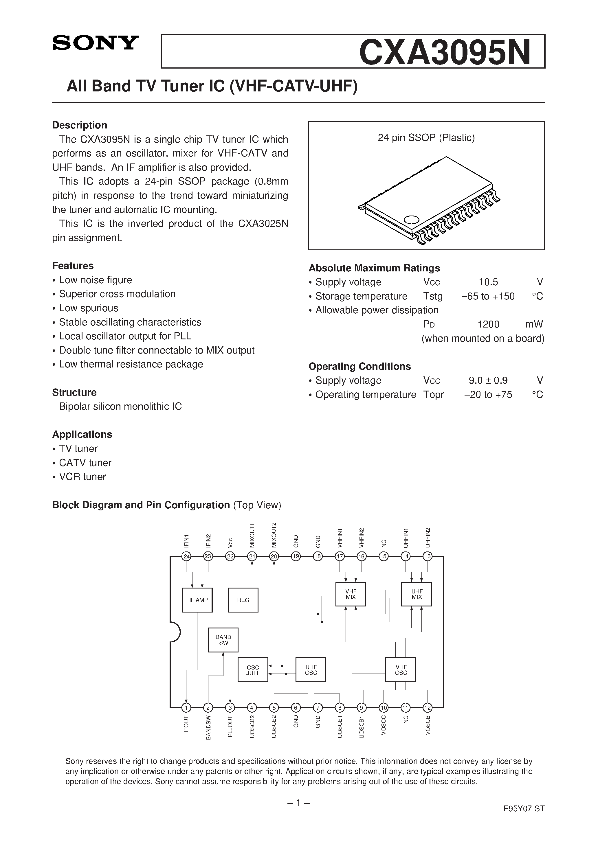 Datasheet CXA3095N - All Band TV Tuner IC (VHF-CATV-UHF) page 1