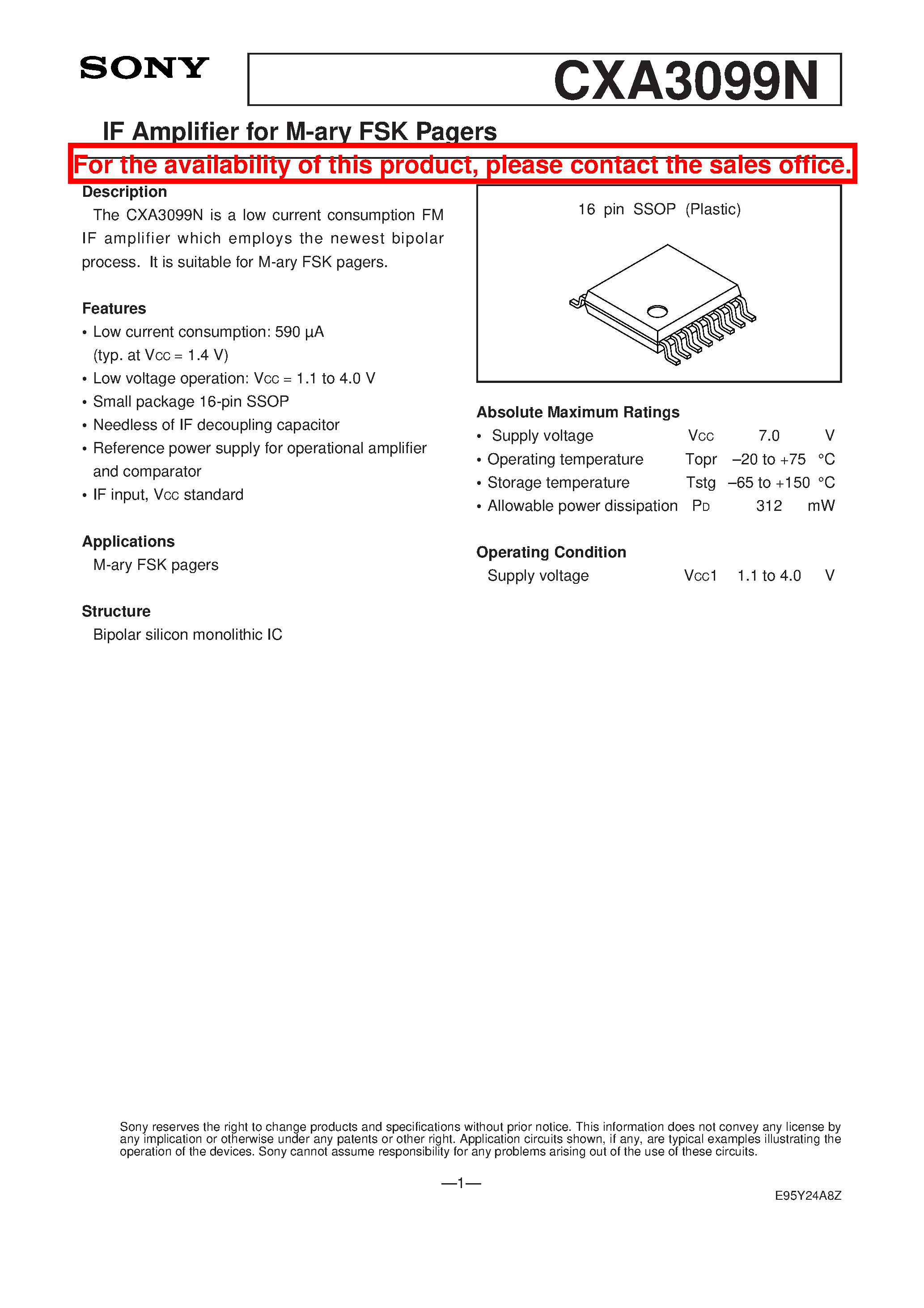 Datasheet CXA3099N - IF Amplifier for M-ary FSK Pagers page 1