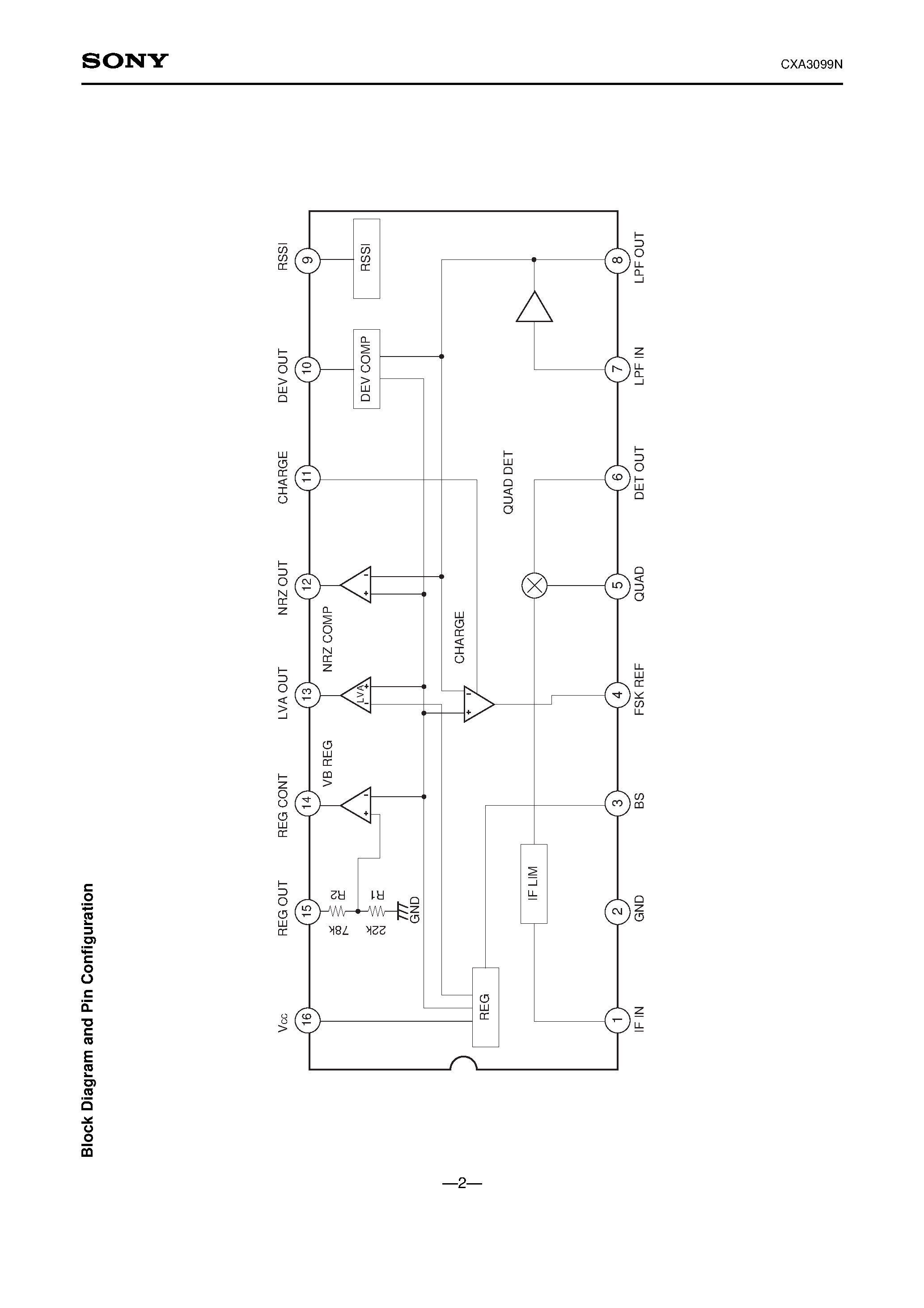 Datasheet CXA3099N - IF Amplifier for M-ary FSK Pagers page 2