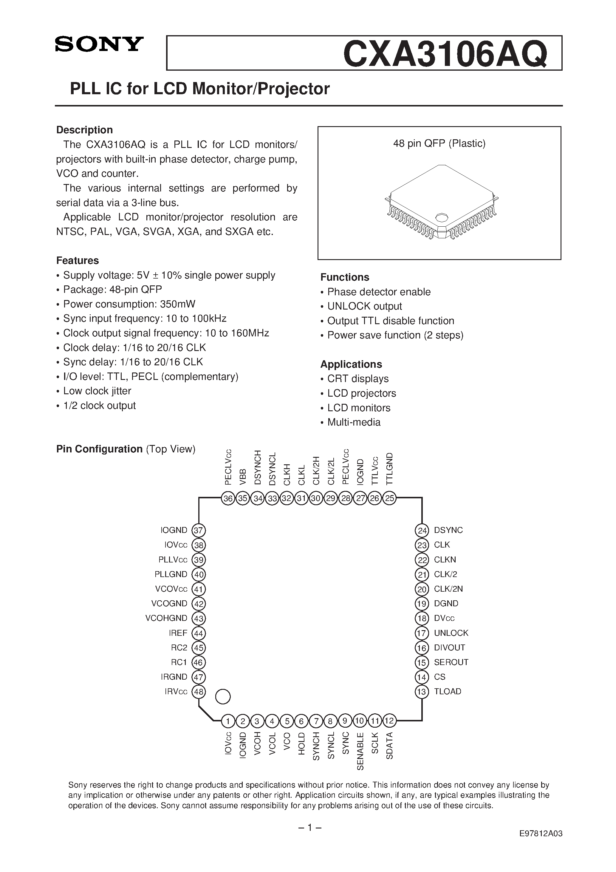 Datasheet CXA3106AQ - PLL IC for LCD Monitor/Projector page 1