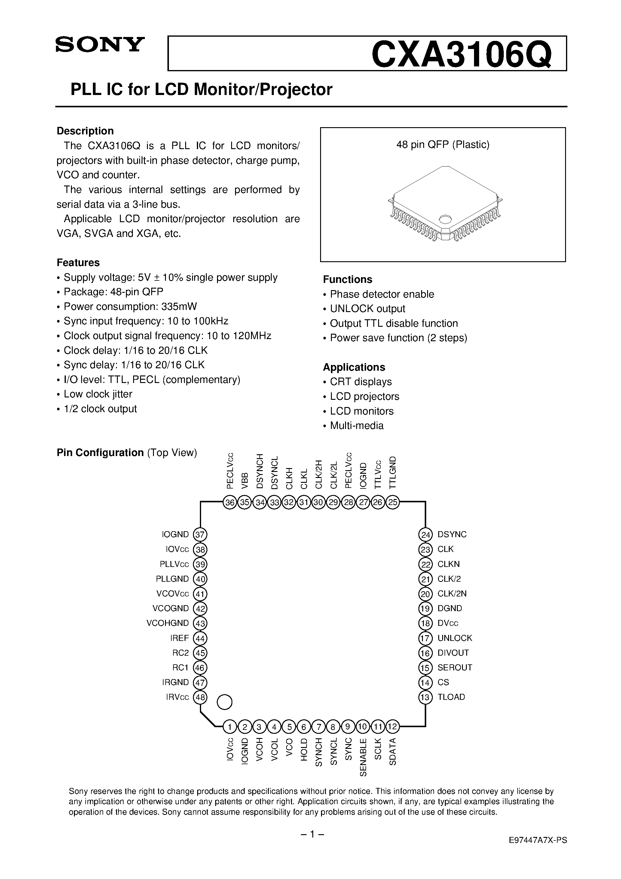 Datasheet CXA3106Q - PLL IC for LCD Monitor/Projector page 1