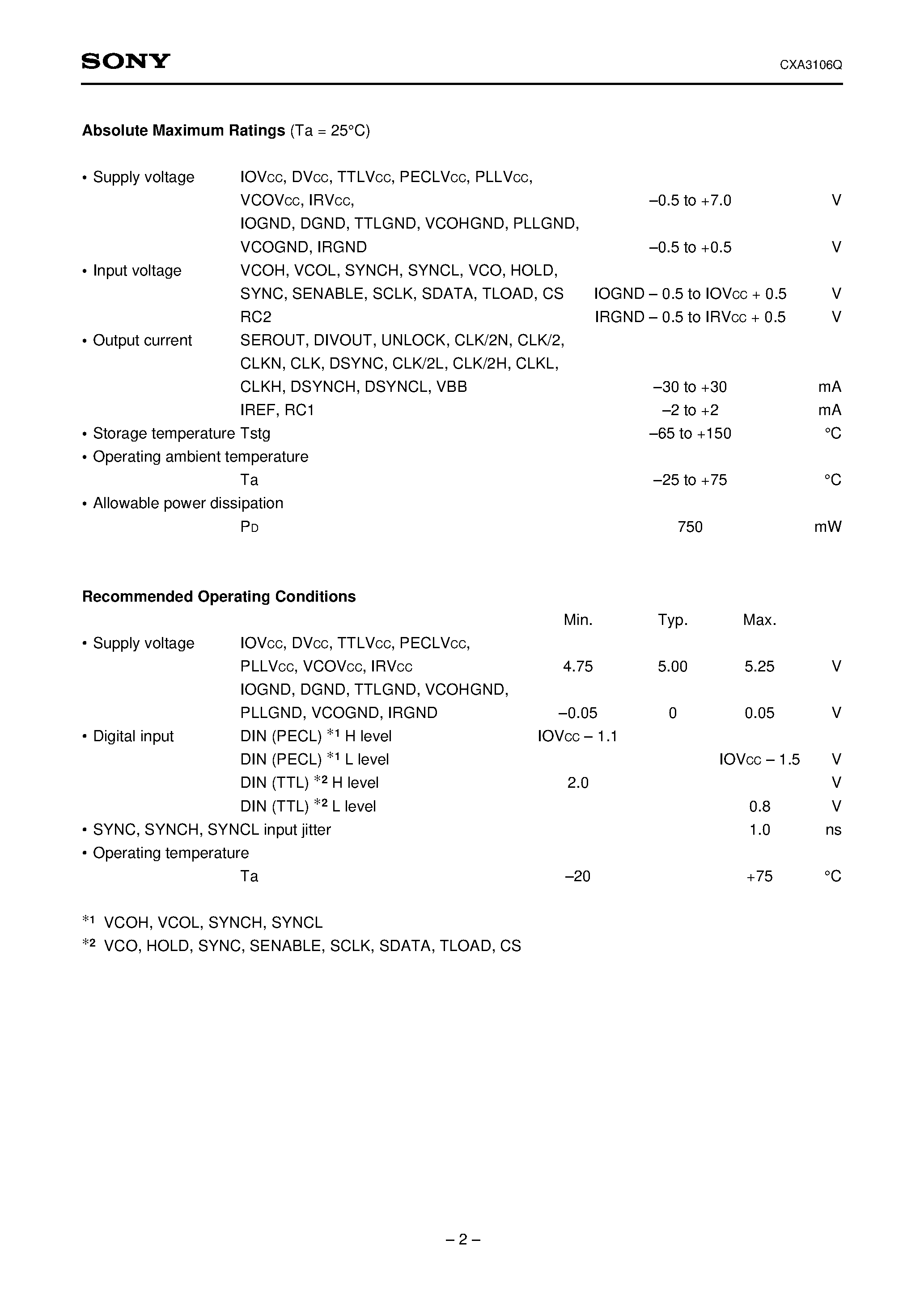 Datasheet CXA3106Q - PLL IC for LCD Monitor/Projector page 2