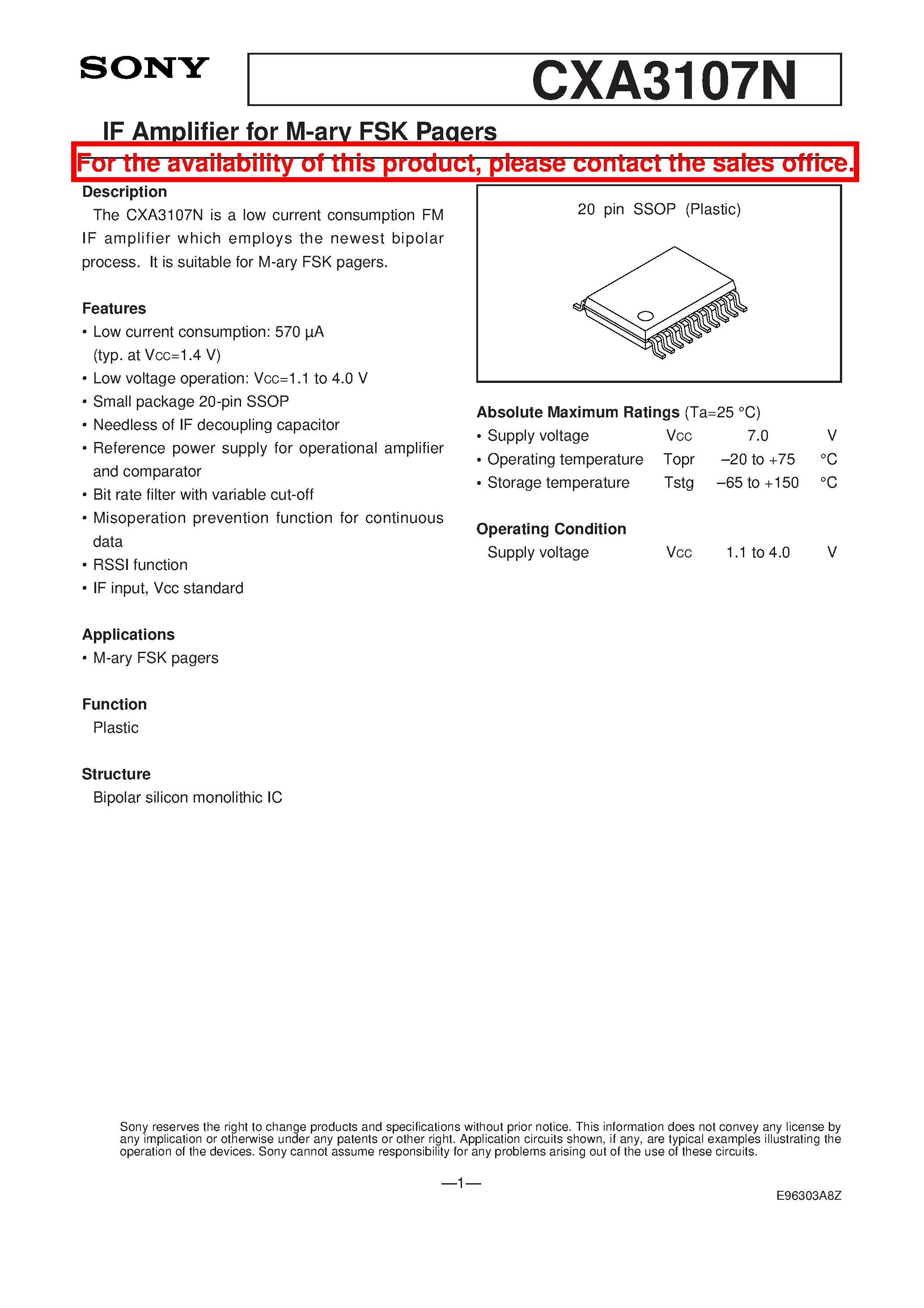 Datasheet CXA3107N - IF Amplifier for M-ary FSK Pagers page 1