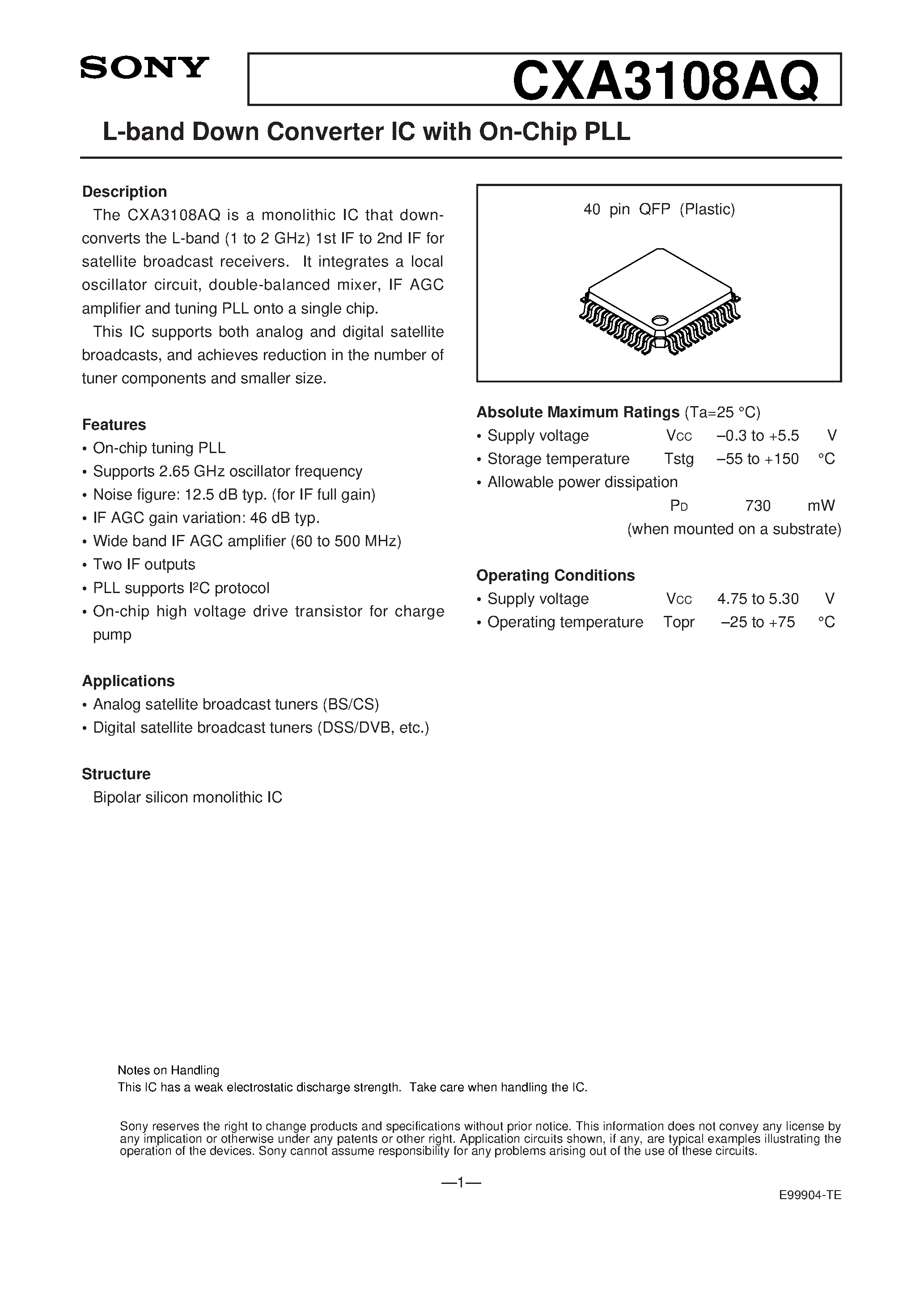 Datasheet CXA3108AQ - L-band Down Converter IC with On-Chip PLL page 1