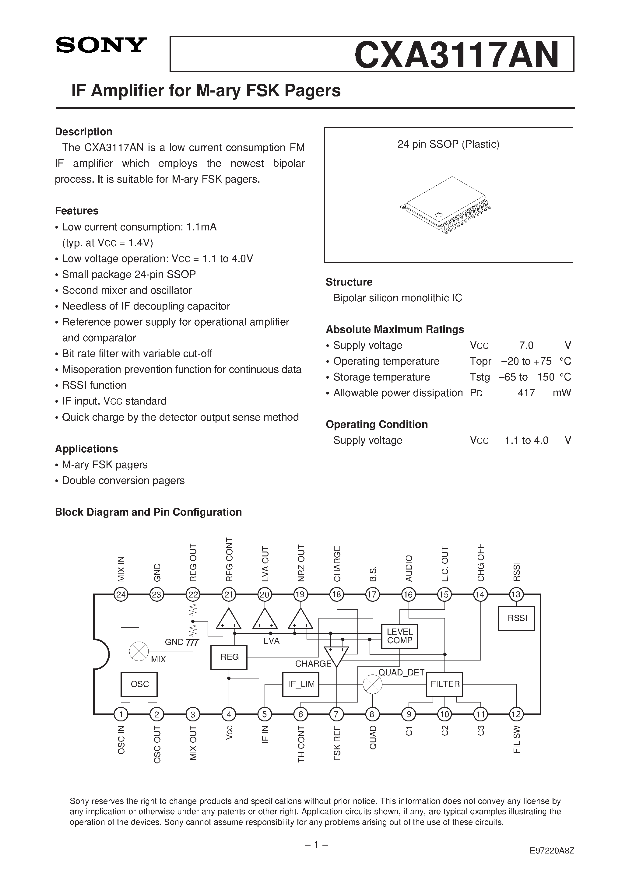 Даташит CXA3117AN - IF Amplifier for M-ary FSK Pagers страница 1