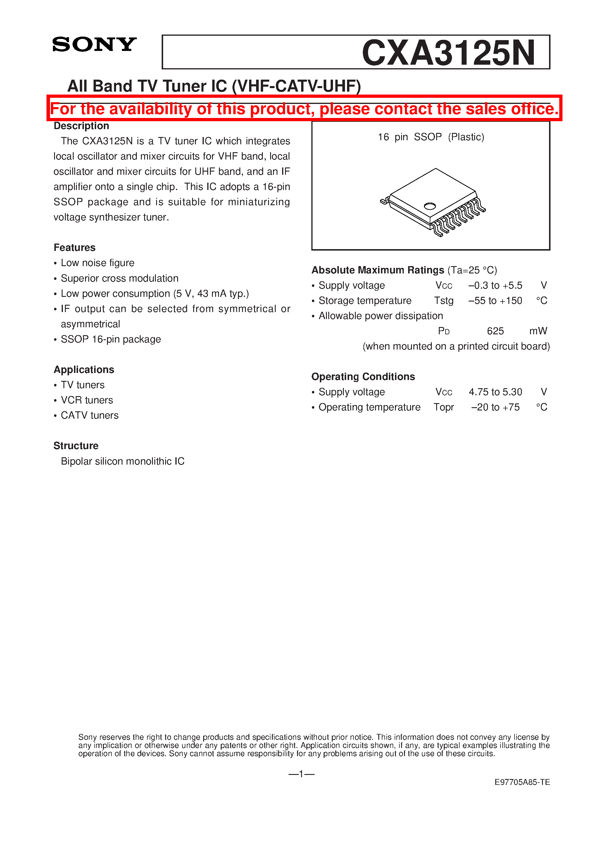 Datasheet CXA3125N - All Band TV Tuner IC (VHF-CATV-UHF) page 1