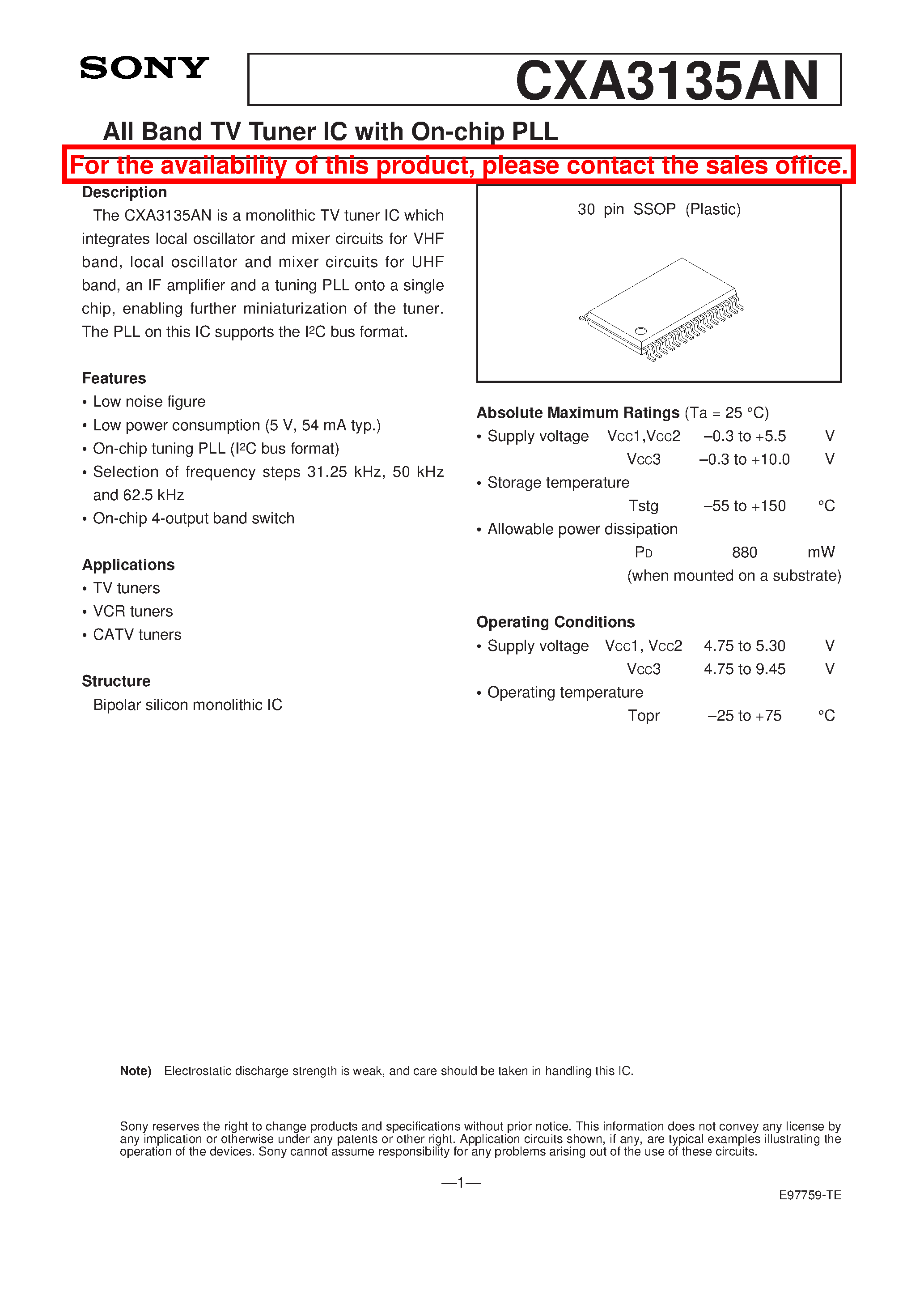 Datasheet CXA3135AN - All Band TV Tuner IC with On-chip PLL page 1